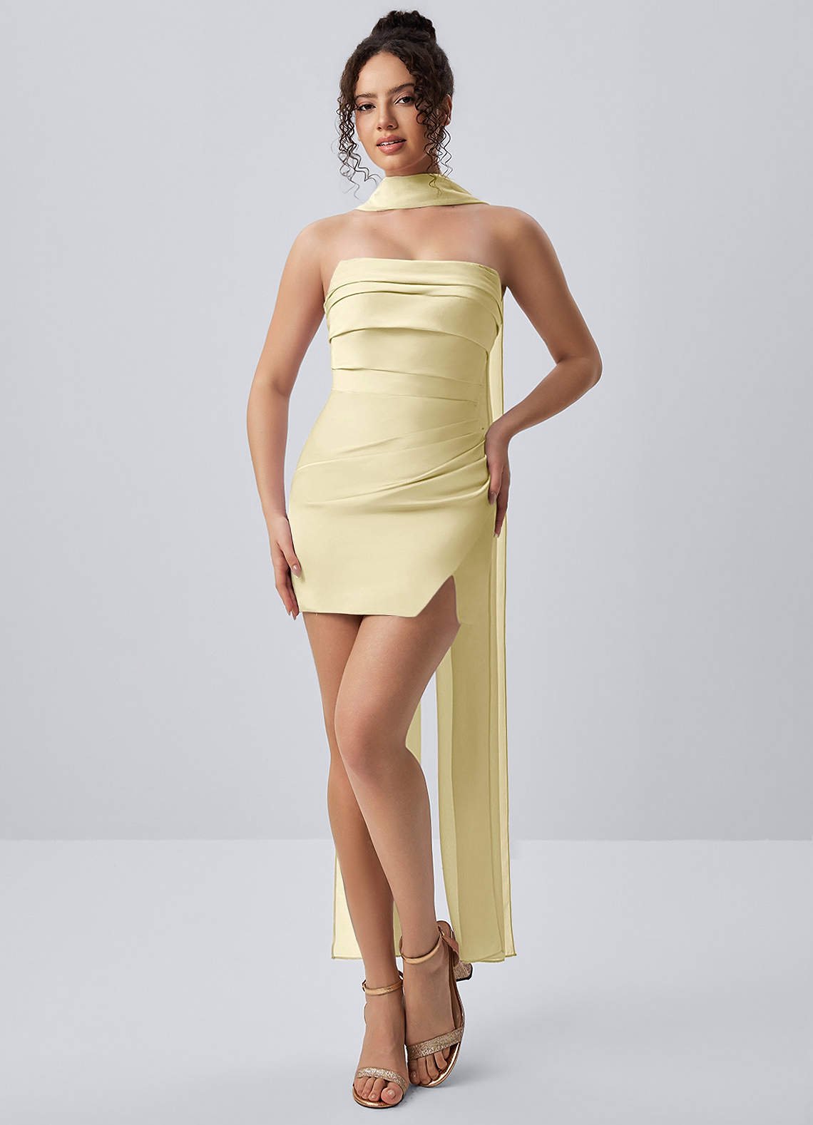 Honorine Bodycon Mini Strapless Satin Chiffon Prom Dress in Butter Yellow