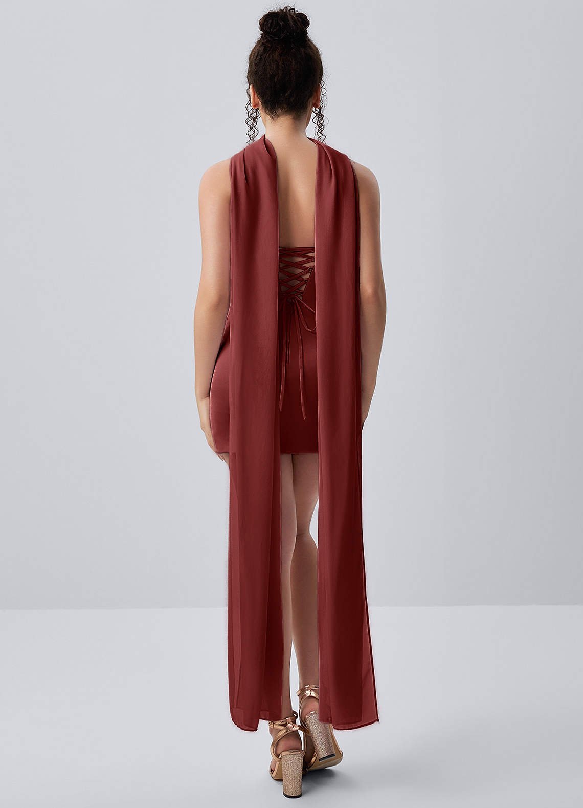 Honorine Bodycon Mini Strapless Satin Chiffon Prom Dress in Burnt Umber