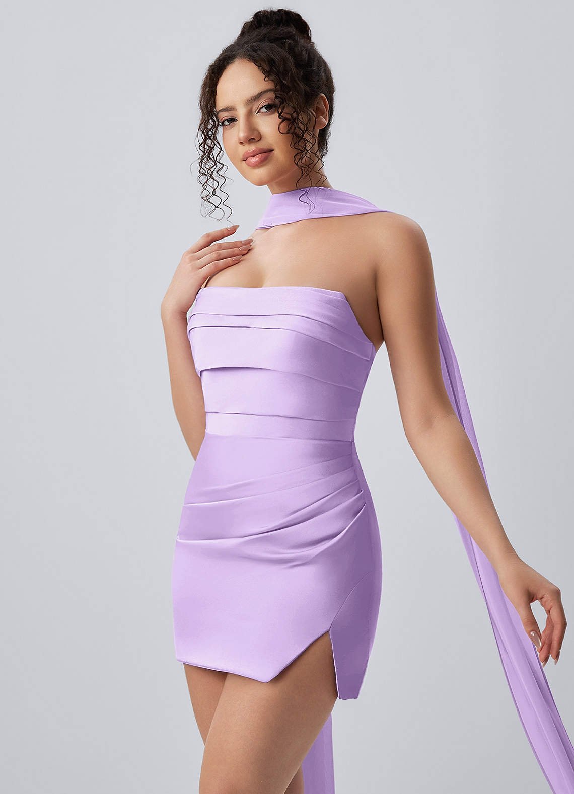 Honorine Bodycon Mini Strapless Satin Chiffon Prom Dress in Lilac