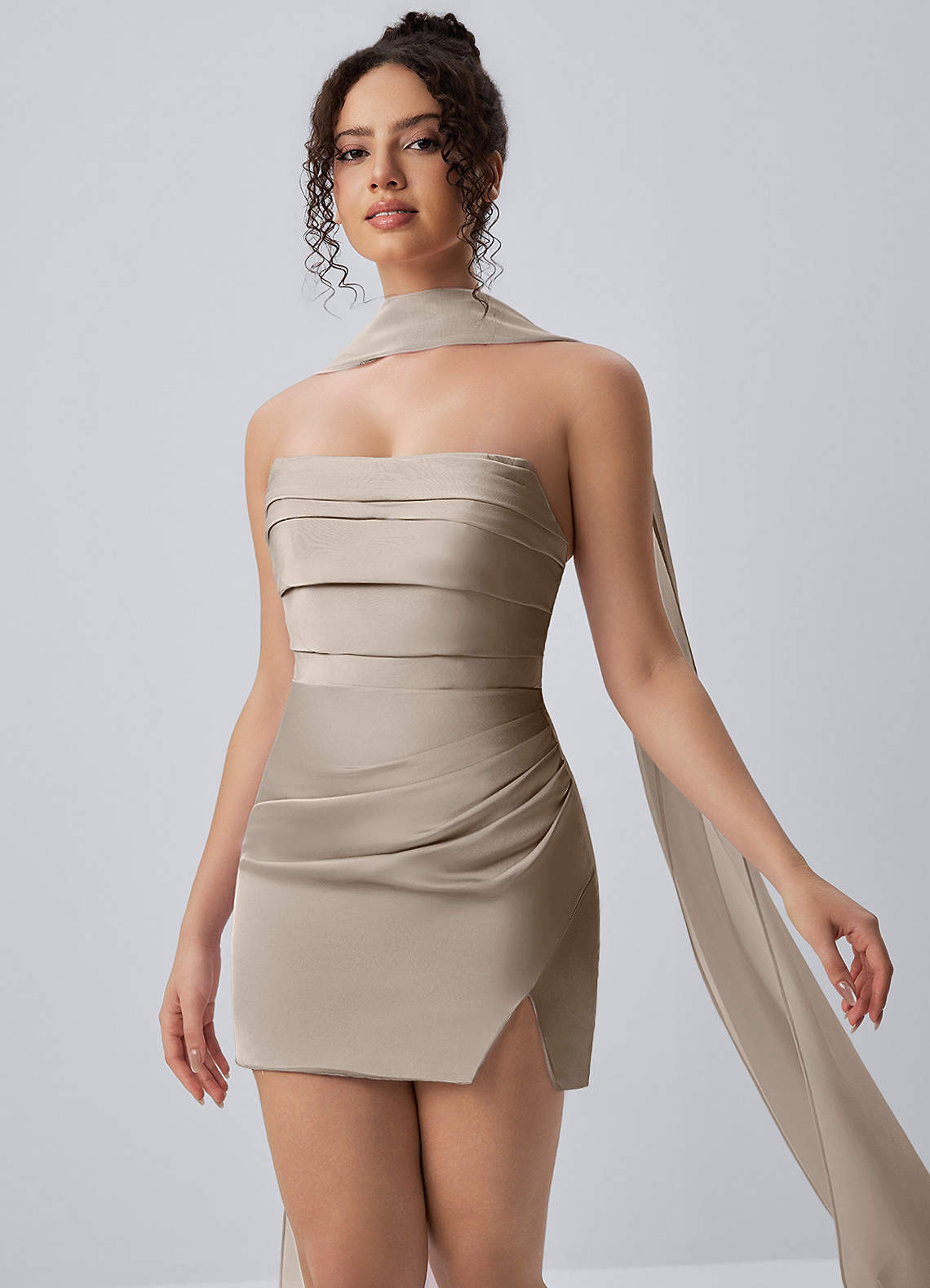 Honorine Bodycon Mini Strapless Satin Chiffon Prom Dress in Vanilla