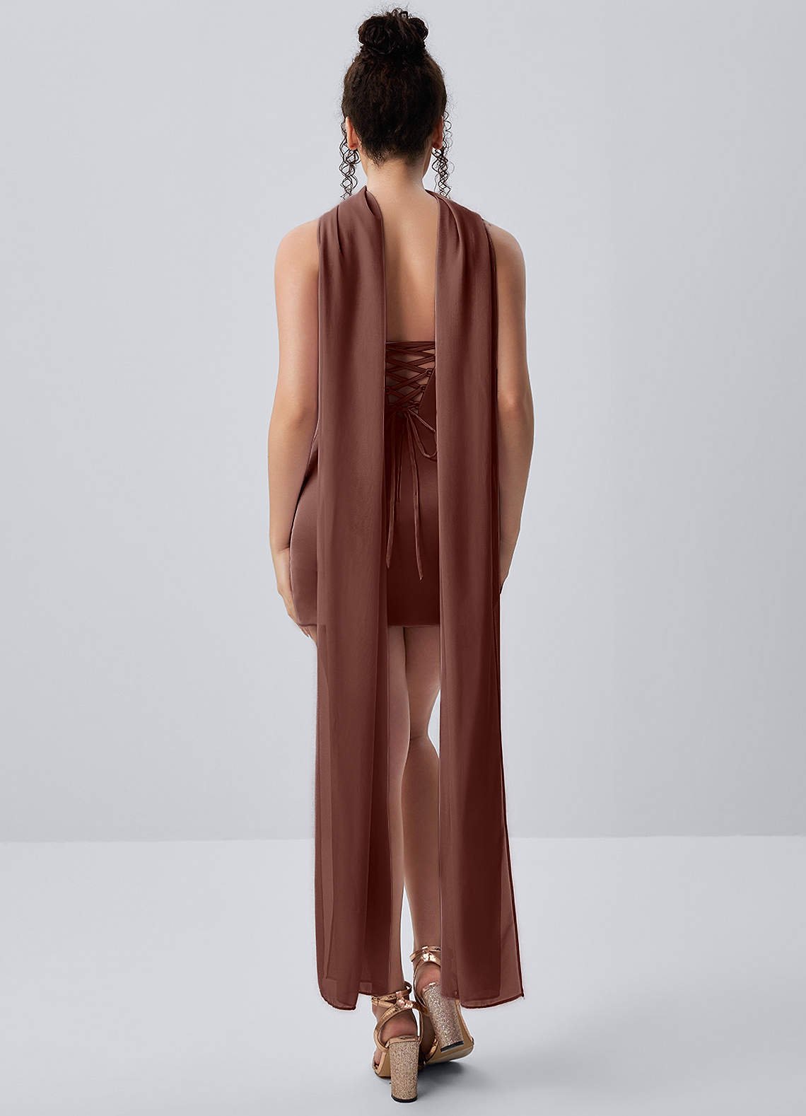 Honorine Bodycon Mini Strapless Satin Chiffon Prom Dress in Mocha Coco