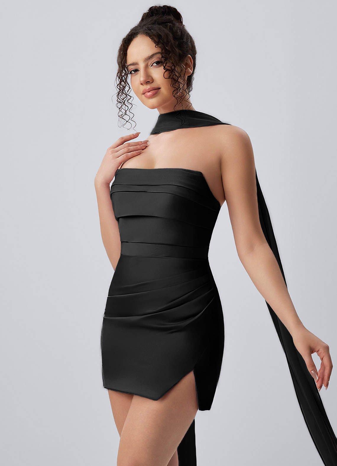 Honorine Bodycon Mini Strapless Satin Chiffon Prom Dress in black