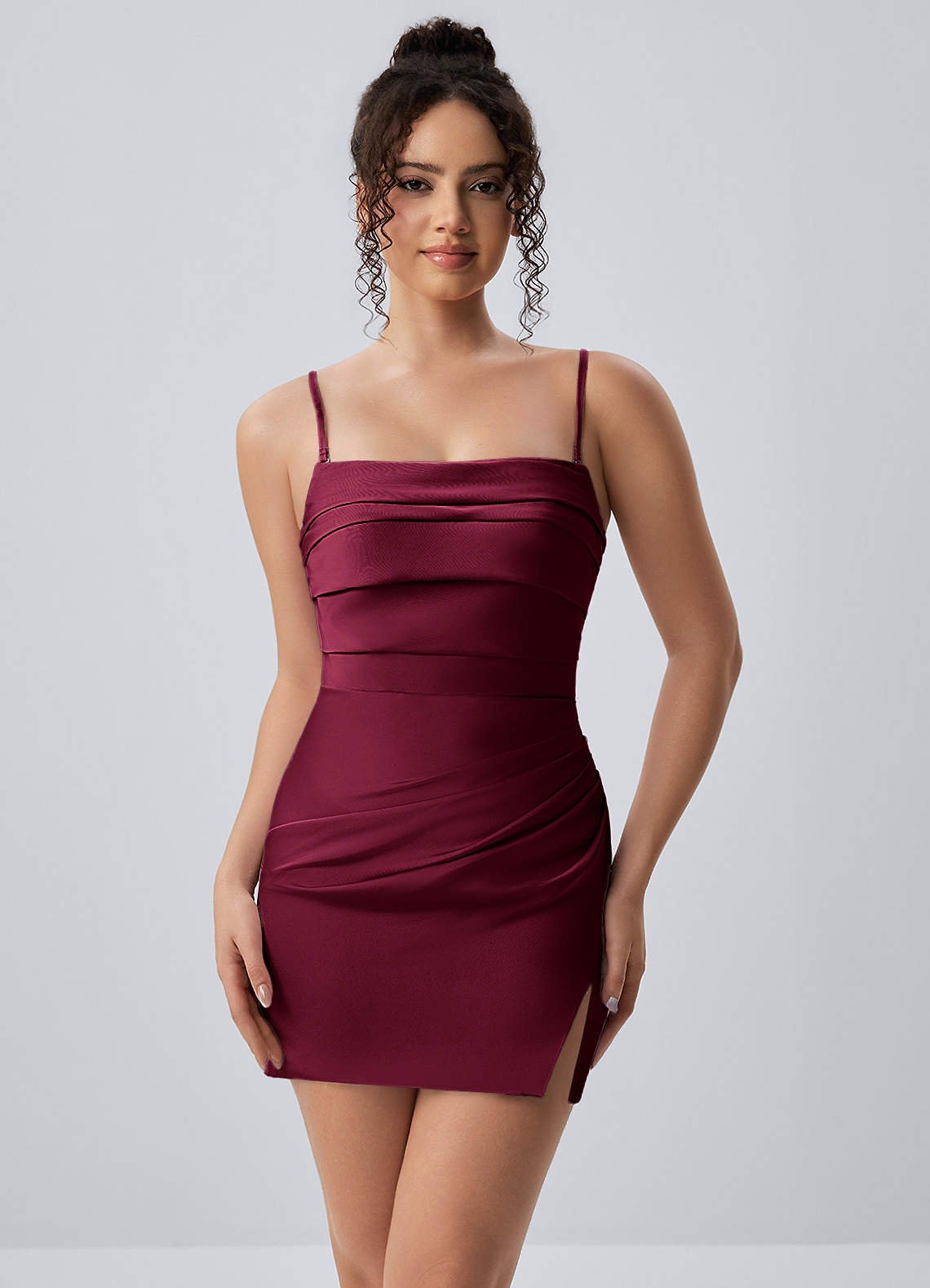 Honorine Bodycon Mini Strapless Satin Chiffon Prom Dress in Burgundy