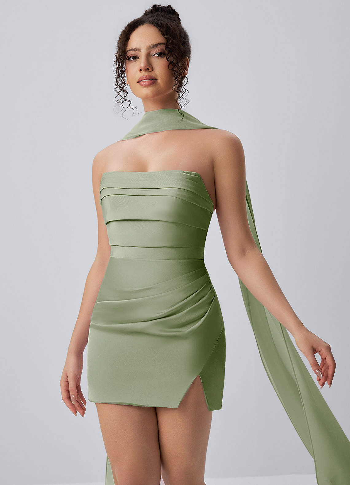 Honorine Bodycon Mini Strapless Satin Chiffon Prom Dress in Light Green