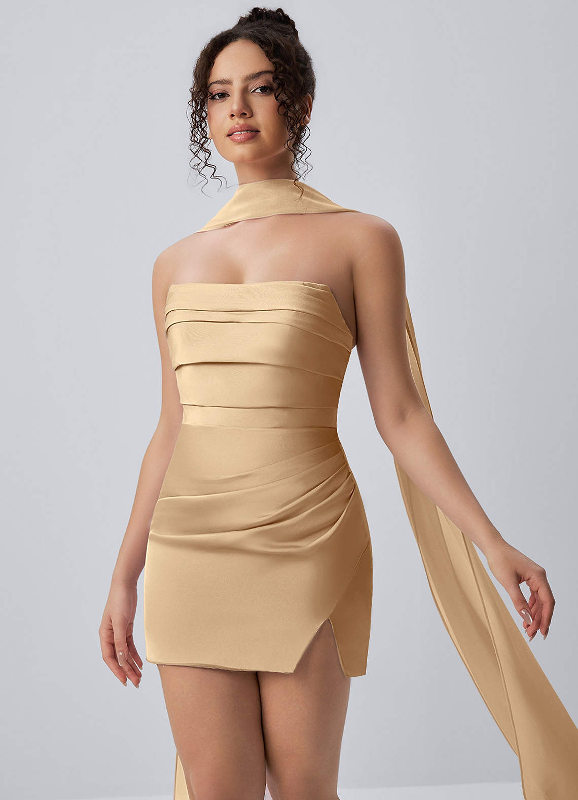 Honorine Bodycon Mini Strapless Satin Chiffon Prom Dress in Champagne