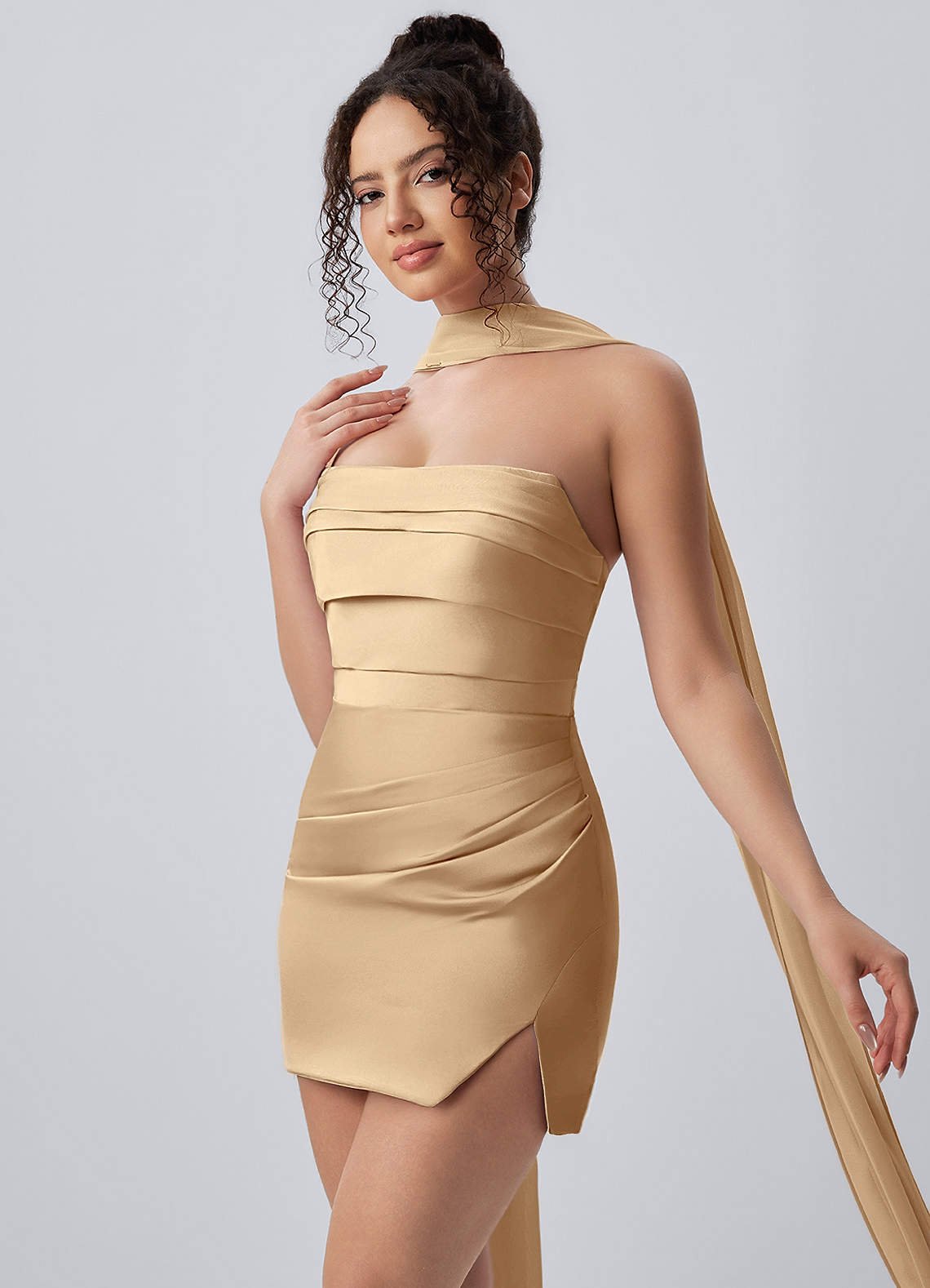 Honorine Bodycon Mini Strapless Satin Chiffon Prom Dress in Champagne