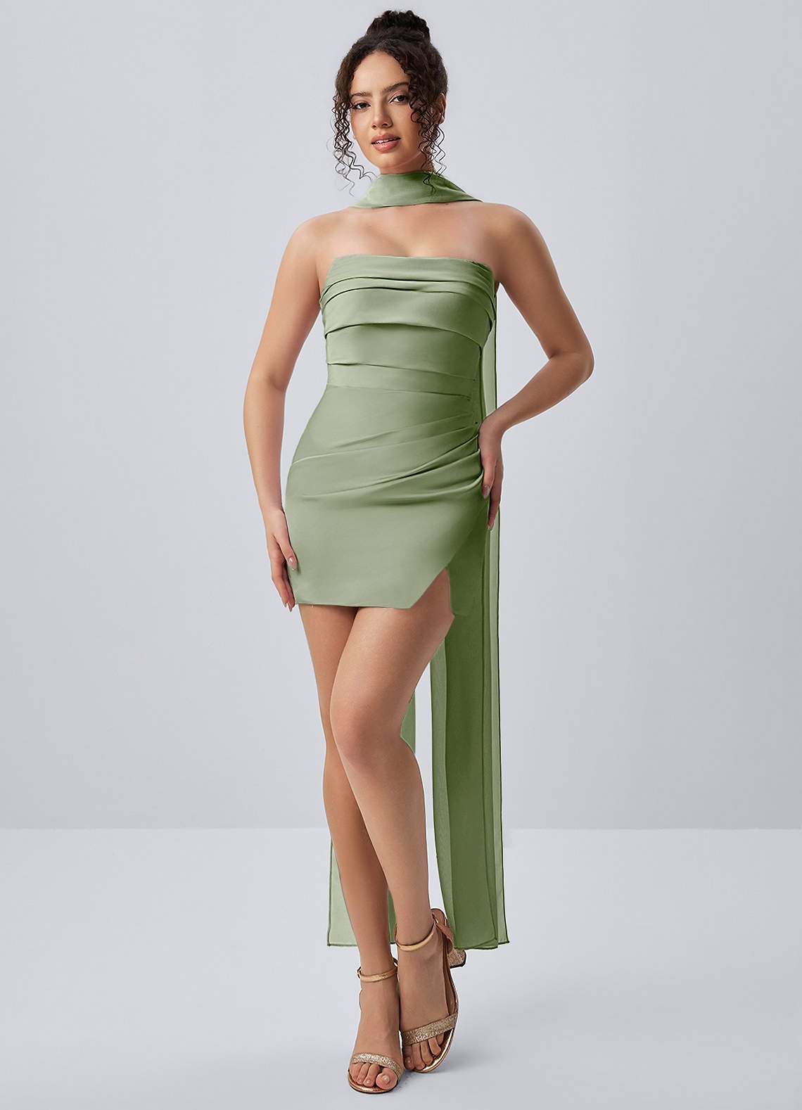 Honorine Bodycon Mini Strapless Satin Chiffon Prom Dress in Light Green