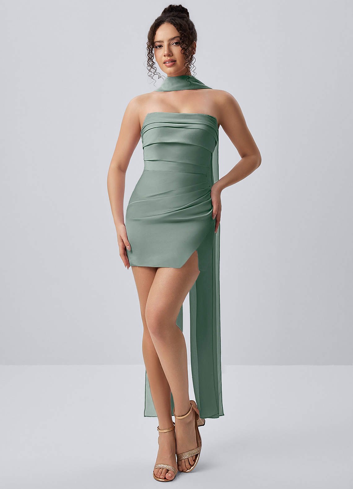 Honorine Bodycon Mini Strapless Satin Chiffon Prom Dress in Vintage Sage