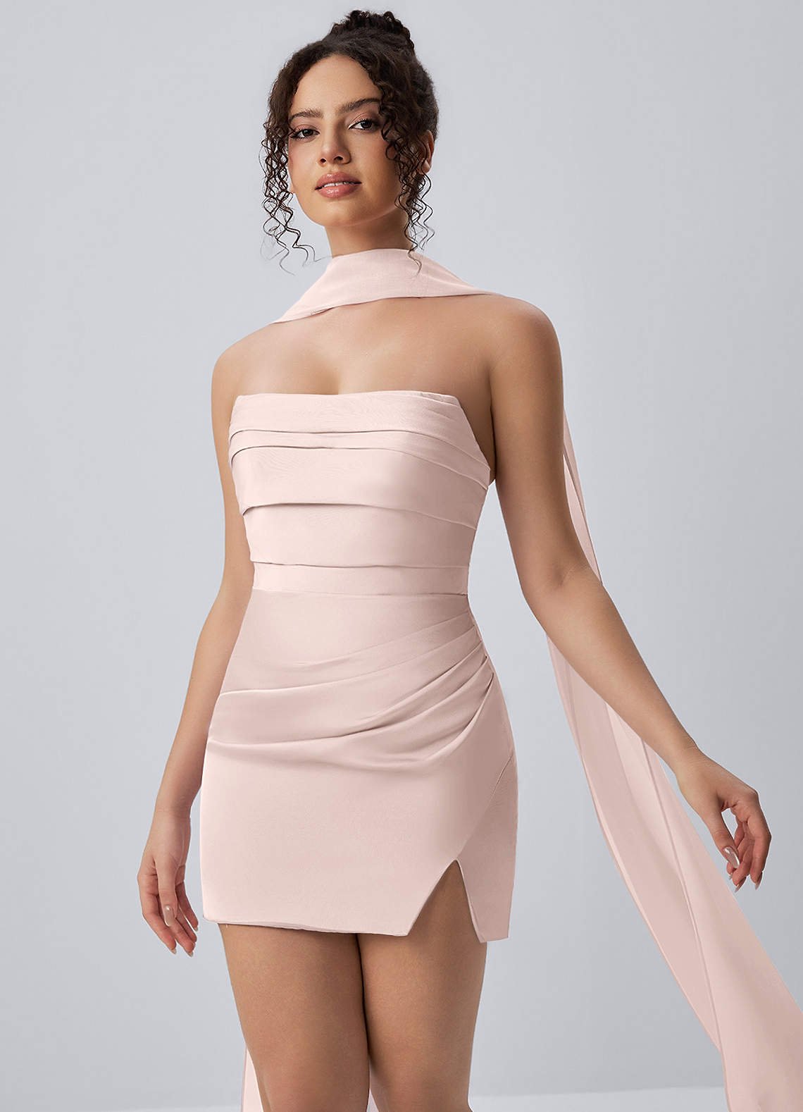 Honorine Bodycon Mini Strapless Satin Chiffon Prom Dress in Blushing Pink