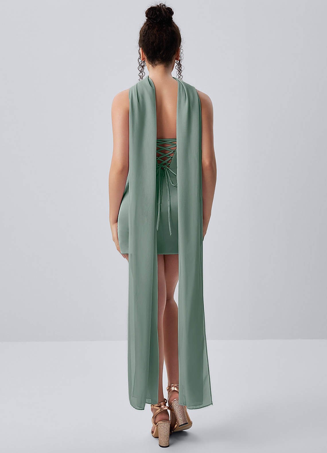 Honorine Bodycon Mini Strapless Satin Chiffon Prom Dress in Vintage Sage