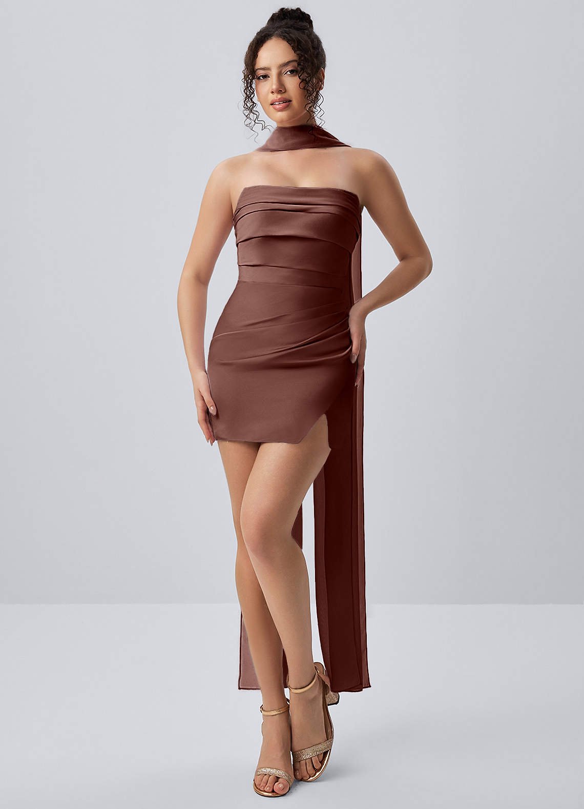 Honorine Bodycon Mini Strapless Satin Chiffon Prom Dress in Mocha Coco