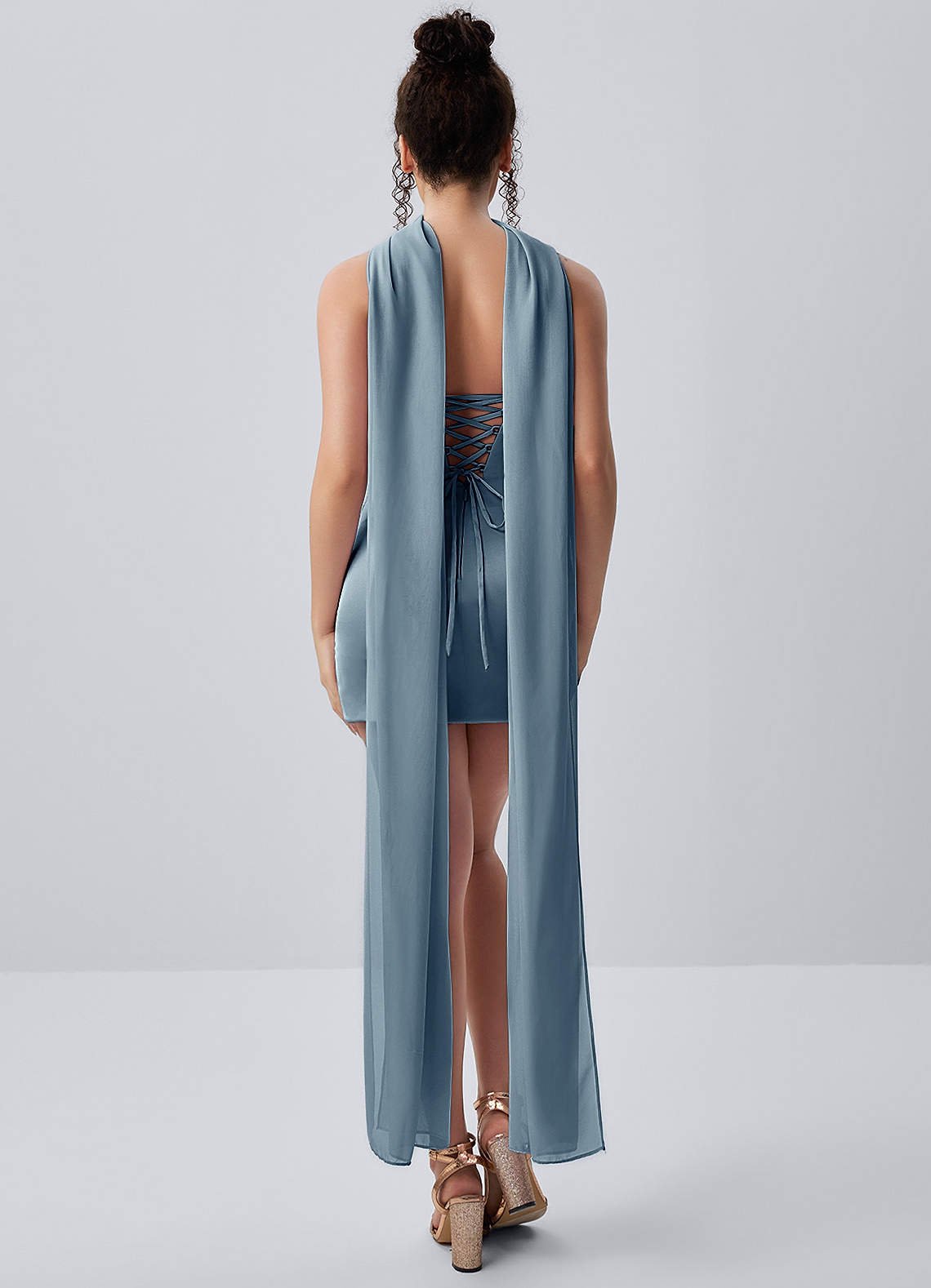 Honorine Bodycon Mini Strapless Satin Chiffon Prom Dress in Dusty Blue