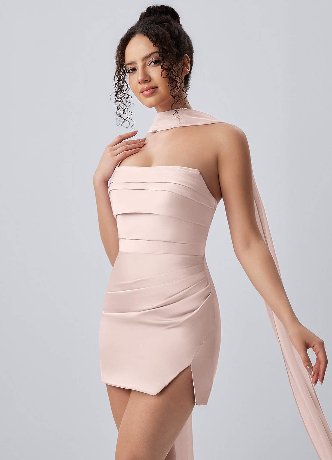 Honorine Bodycon Mini Strapless Satin Chiffon Prom Dress in Blushing Pink