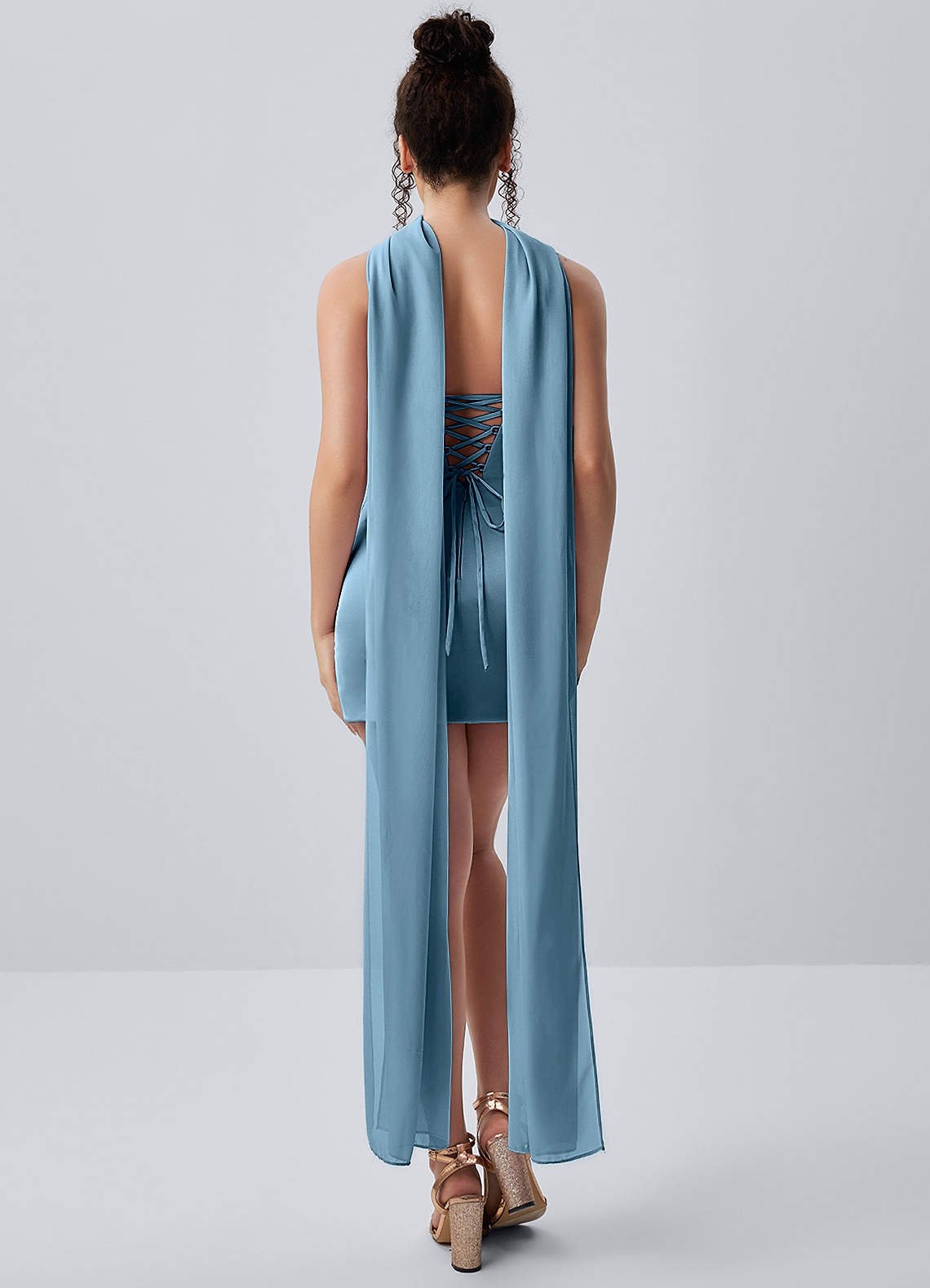 Honorine Bodycon Mini Strapless Satin Chiffon Prom Dress in Steel Blue