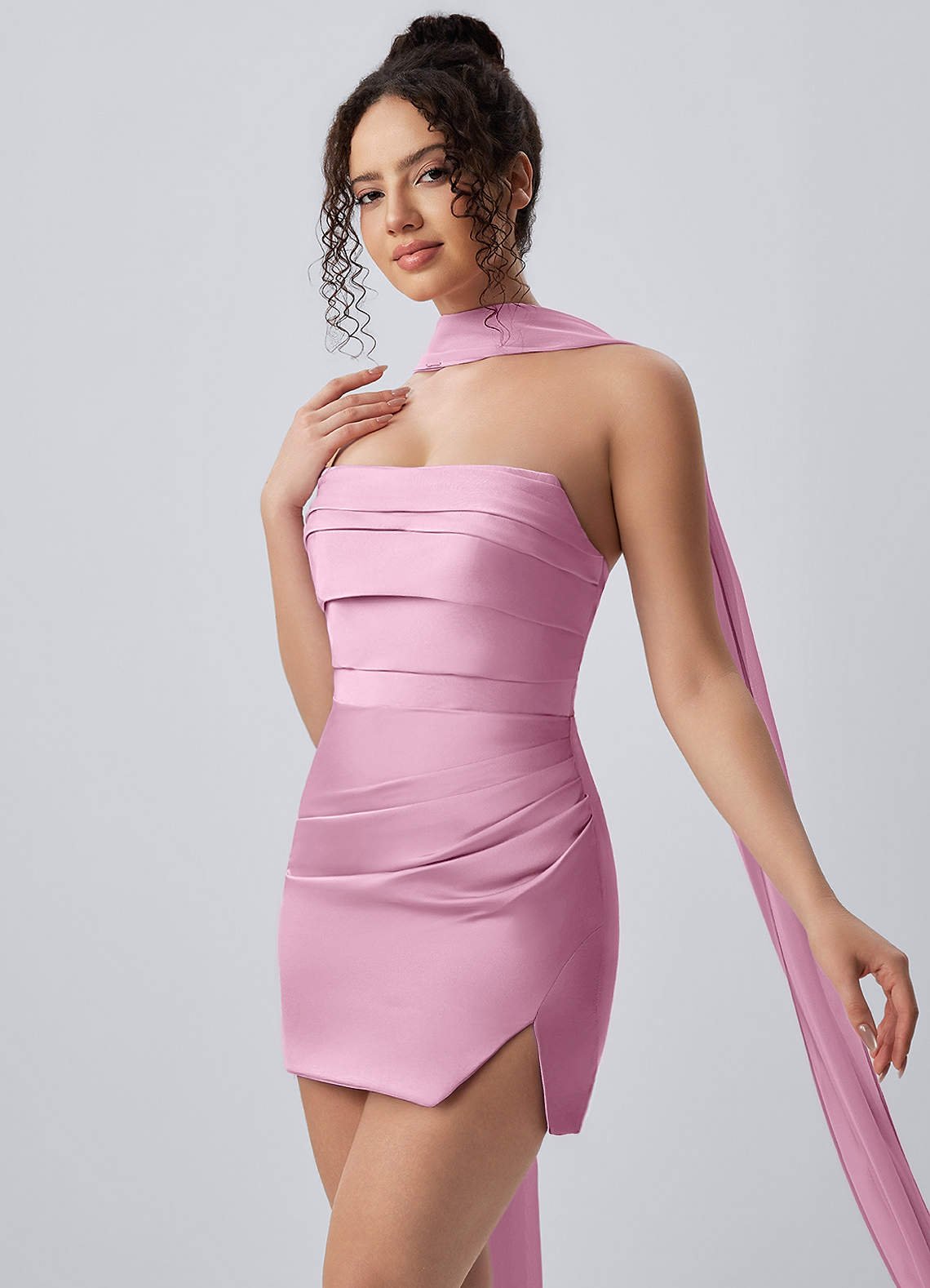 Honorine Bodycon Mini Strapless Satin Chiffon Prom Dress in candy pink