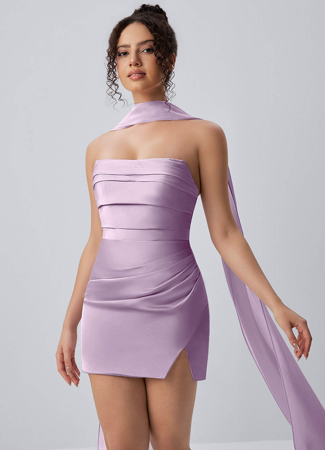 Honorine Bodycon Mini Strapless Satin Chiffon Prom Dress in Frosted Lilac