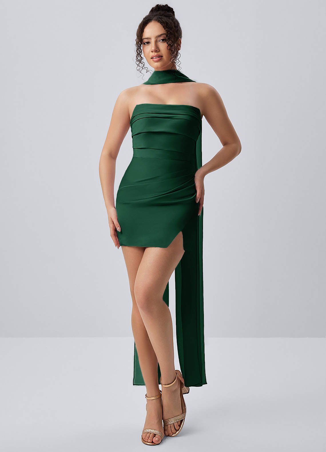 Honorine Bodycon Mini Strapless Satin Chiffon Prom Dress in Hunter Green