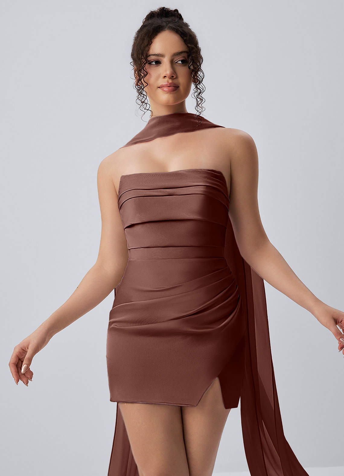 Honorine Bodycon Mini Strapless Satin Chiffon Prom Dress in Dusty Rose