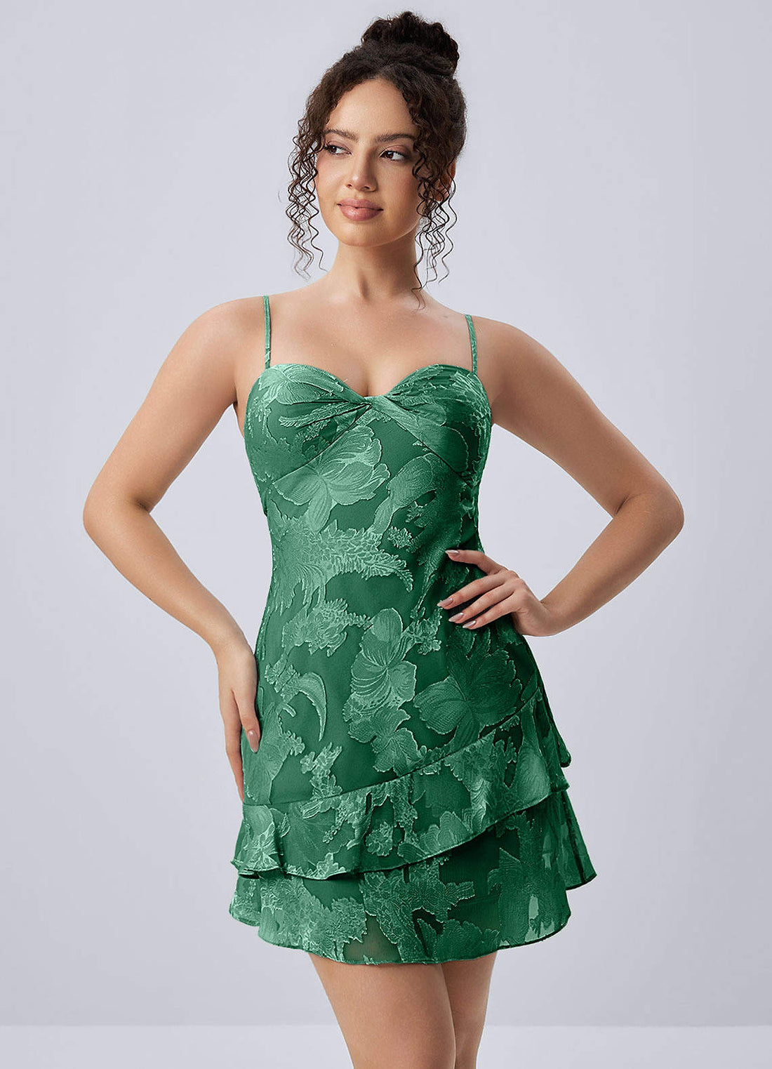 Hortense A-Line Mini Tiered Floral Mesh Prom Dress in Dark Green