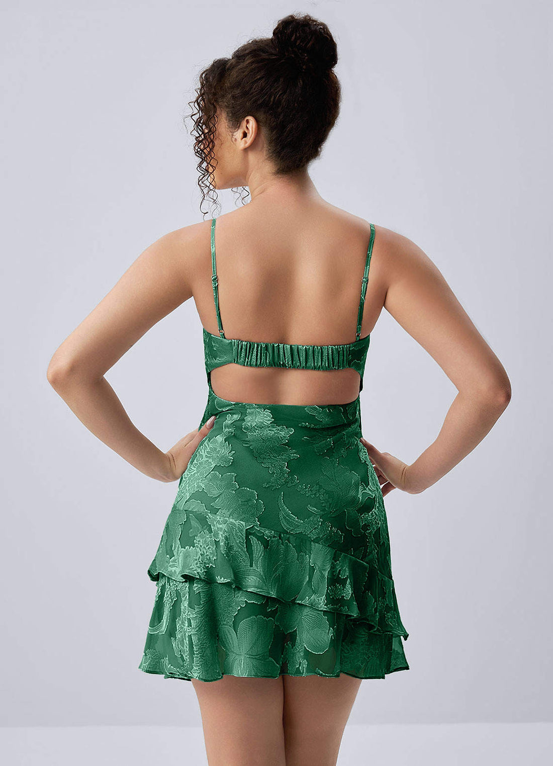 Hortense A-Line Mini Tiered Floral Mesh Prom Dress in Dark Green