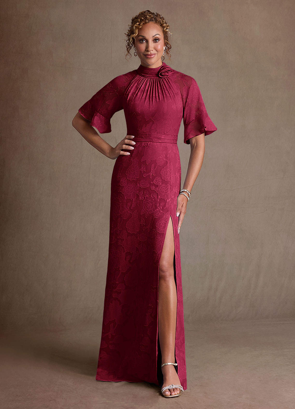 Hypatia Sheath High-Neck Floral Burnout Mother of the Bride Dress in Burgundy