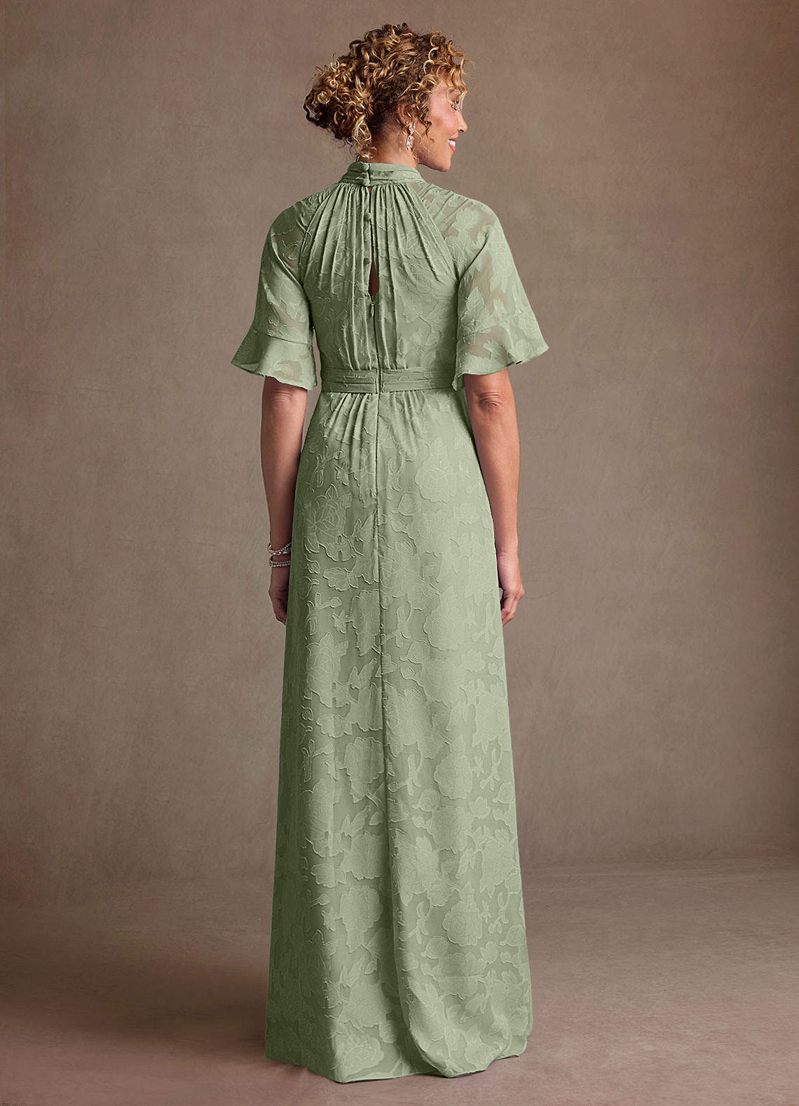 Hypatia Sheath High-Neck Floral Burnout Mother of the Bride Dress in Agave