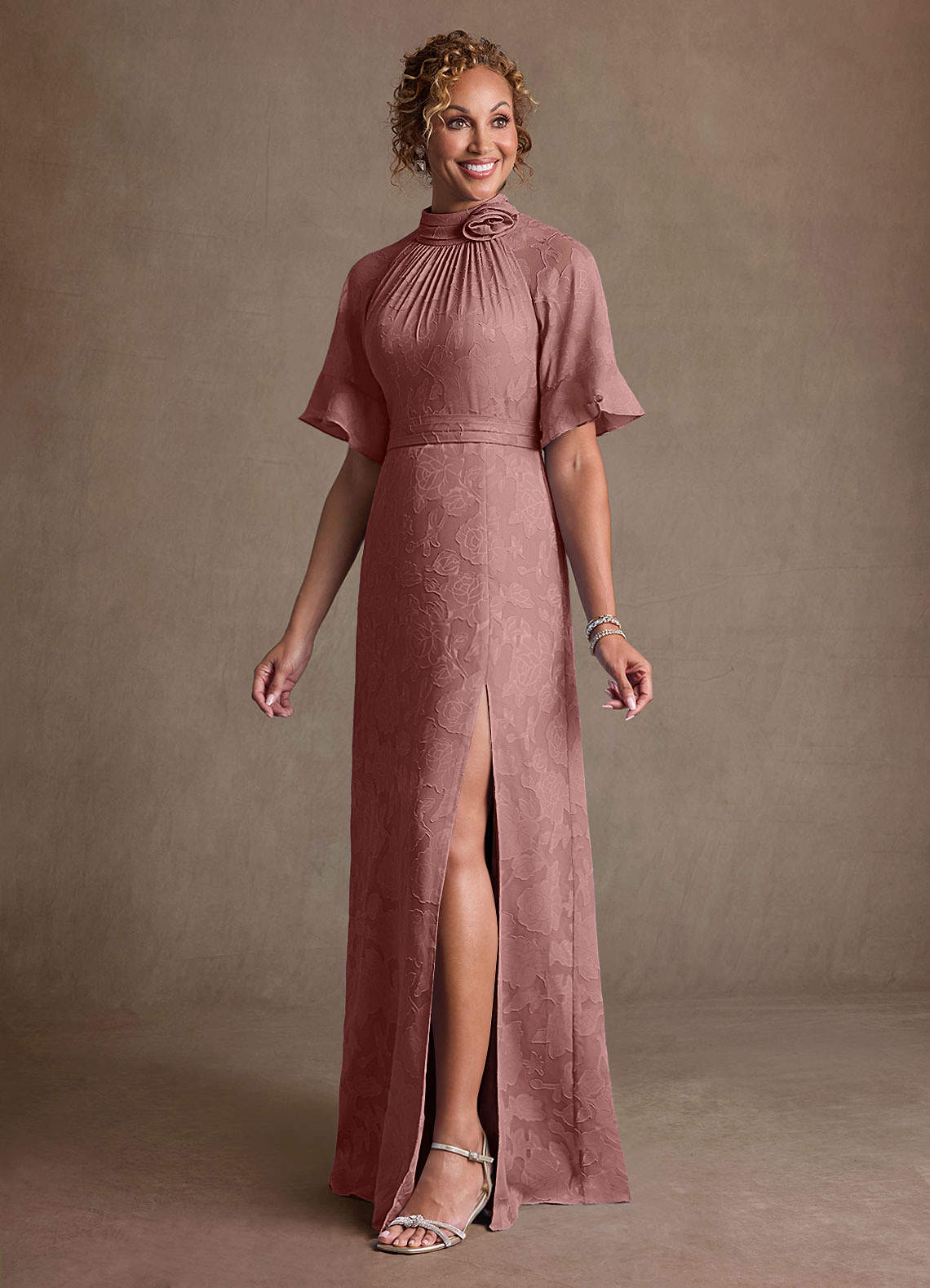 Hypatia Sheath High-Neck Floral Burnout Mother of the Bride Dress in Dusty Rose