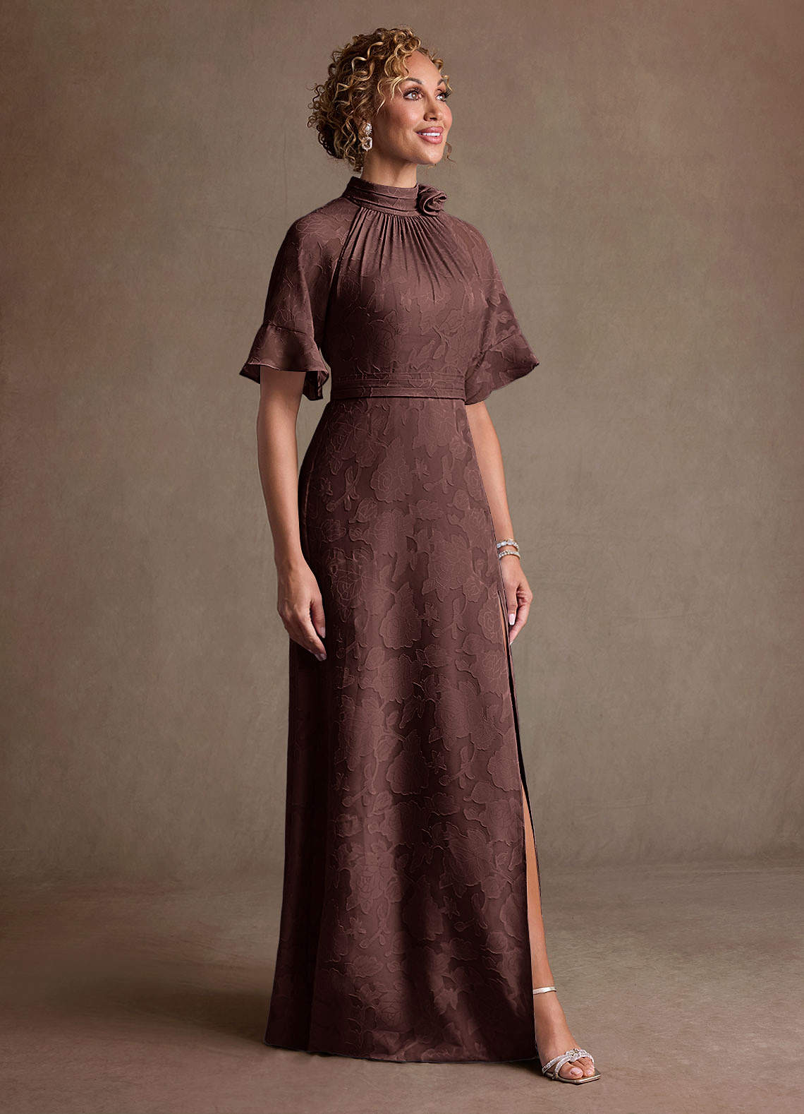 Hypatia Sheath High-Neck Floral Burnout Mother of the Bride Dress in Espresso