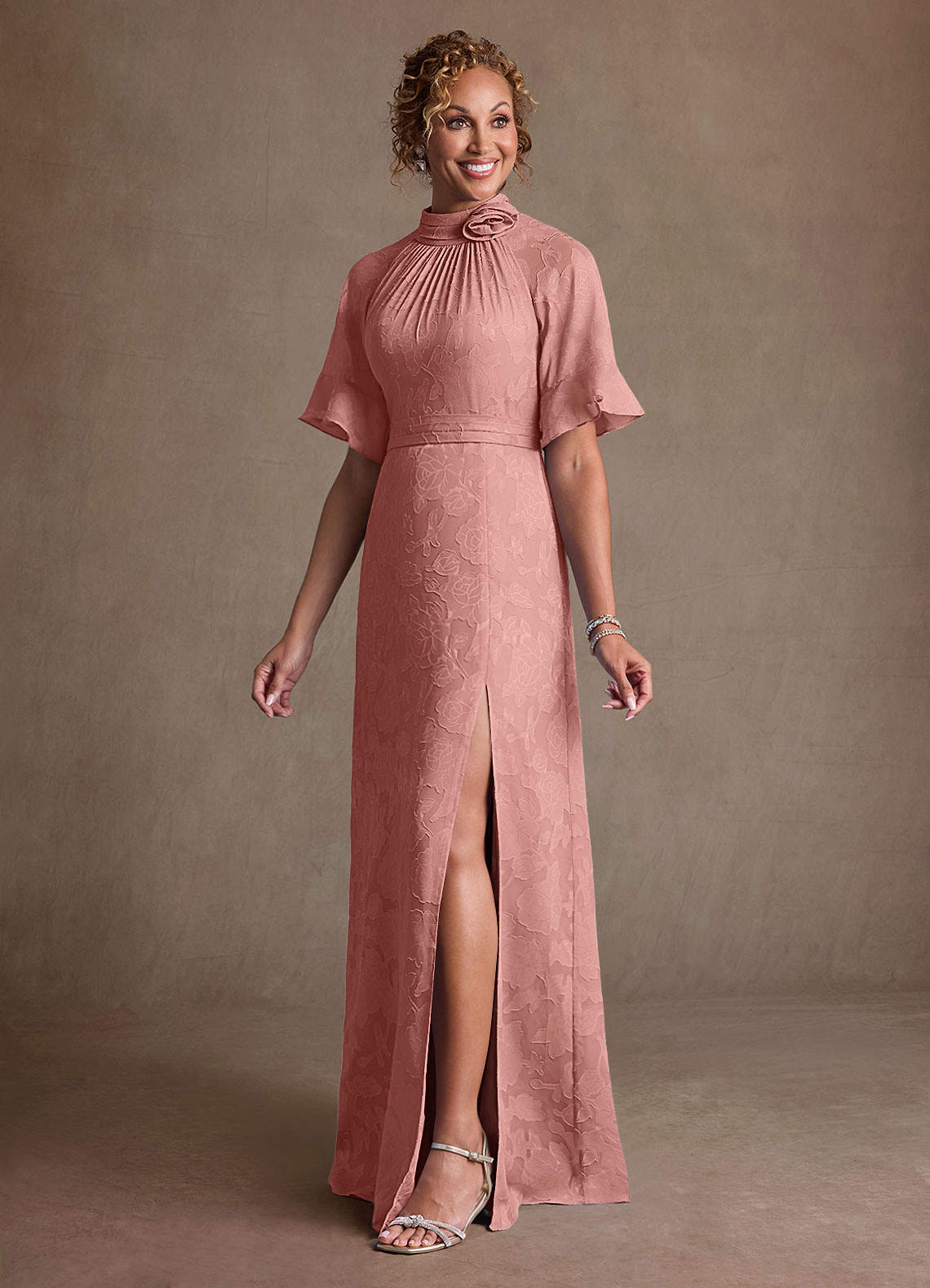 Hypatia Sheath High-Neck Floral Burnout Mother of the Bride Dress in Rosette