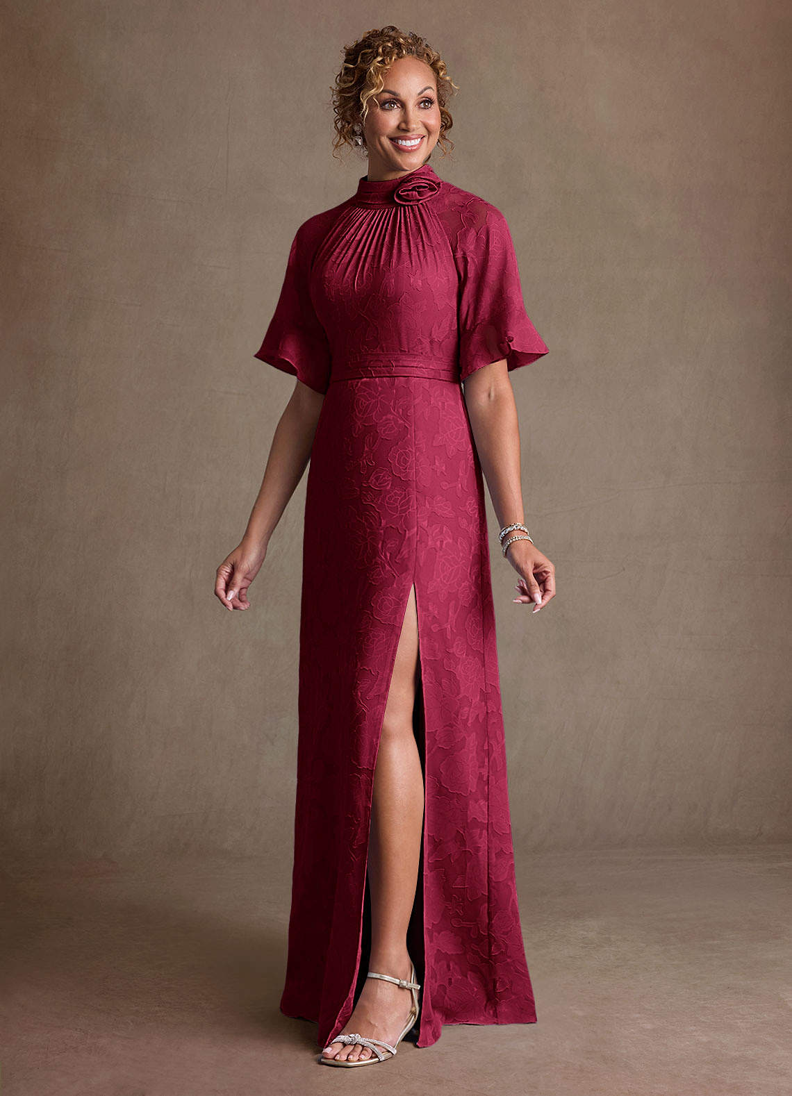 Hypatia Sheath High-Neck Floral Burnout Mother of the Bride Dress in Burgundy