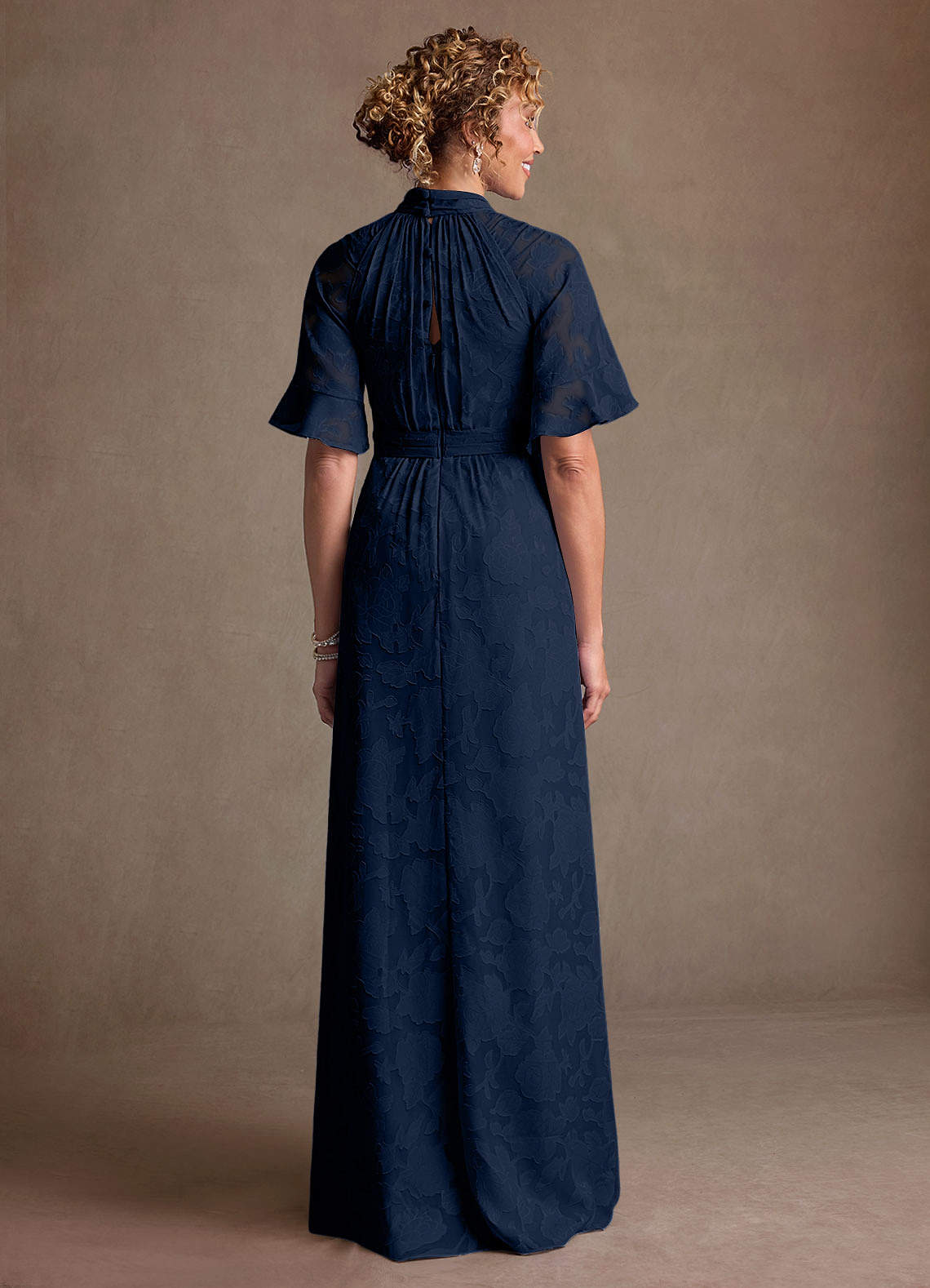 Hypatia Sheath High-Neck Floral Burnout Mother of the Bride Dress in Dark Navy