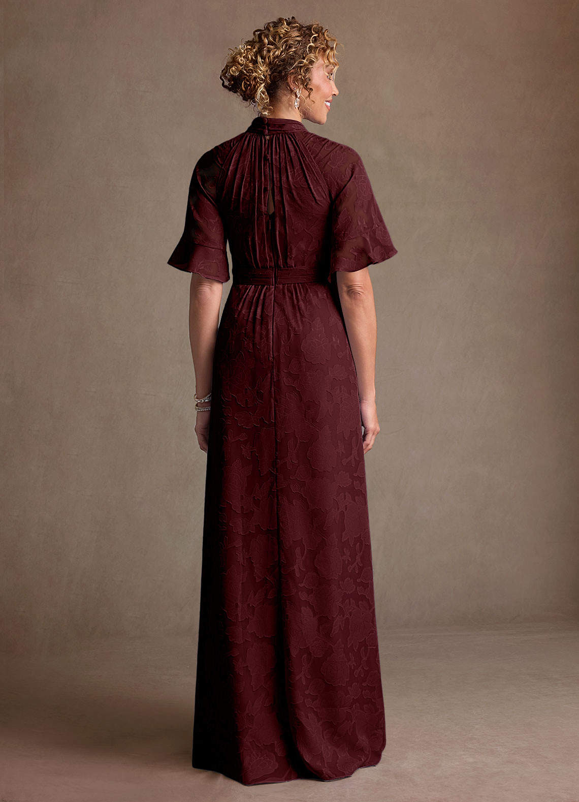 Hypatia Sheath High-Neck Floral Burnout Mother of the Bride Dress in Cabernet