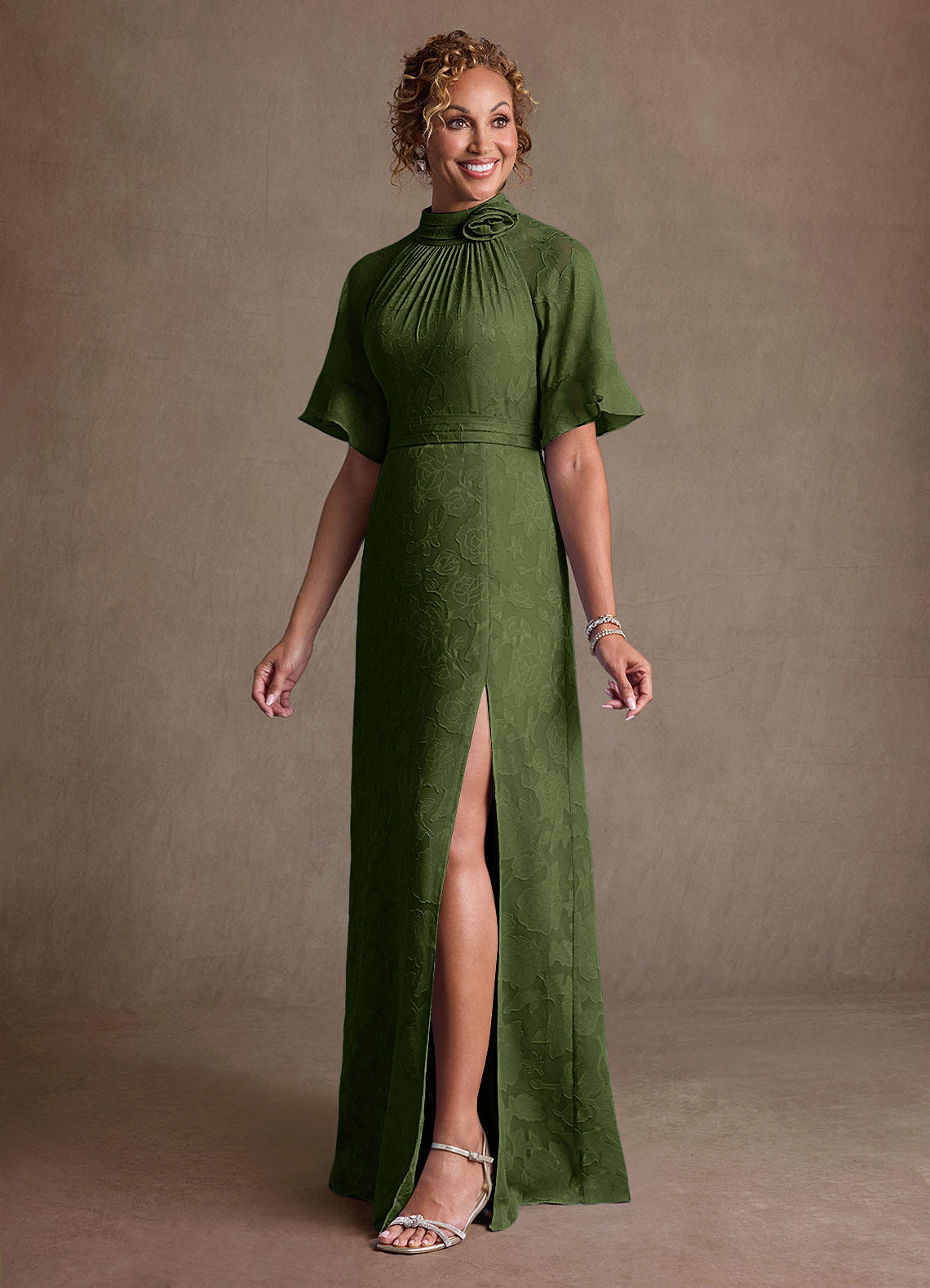 Hypatia Sheath High-Neck Floral Burnout Mother of the Bride Dress in Olive