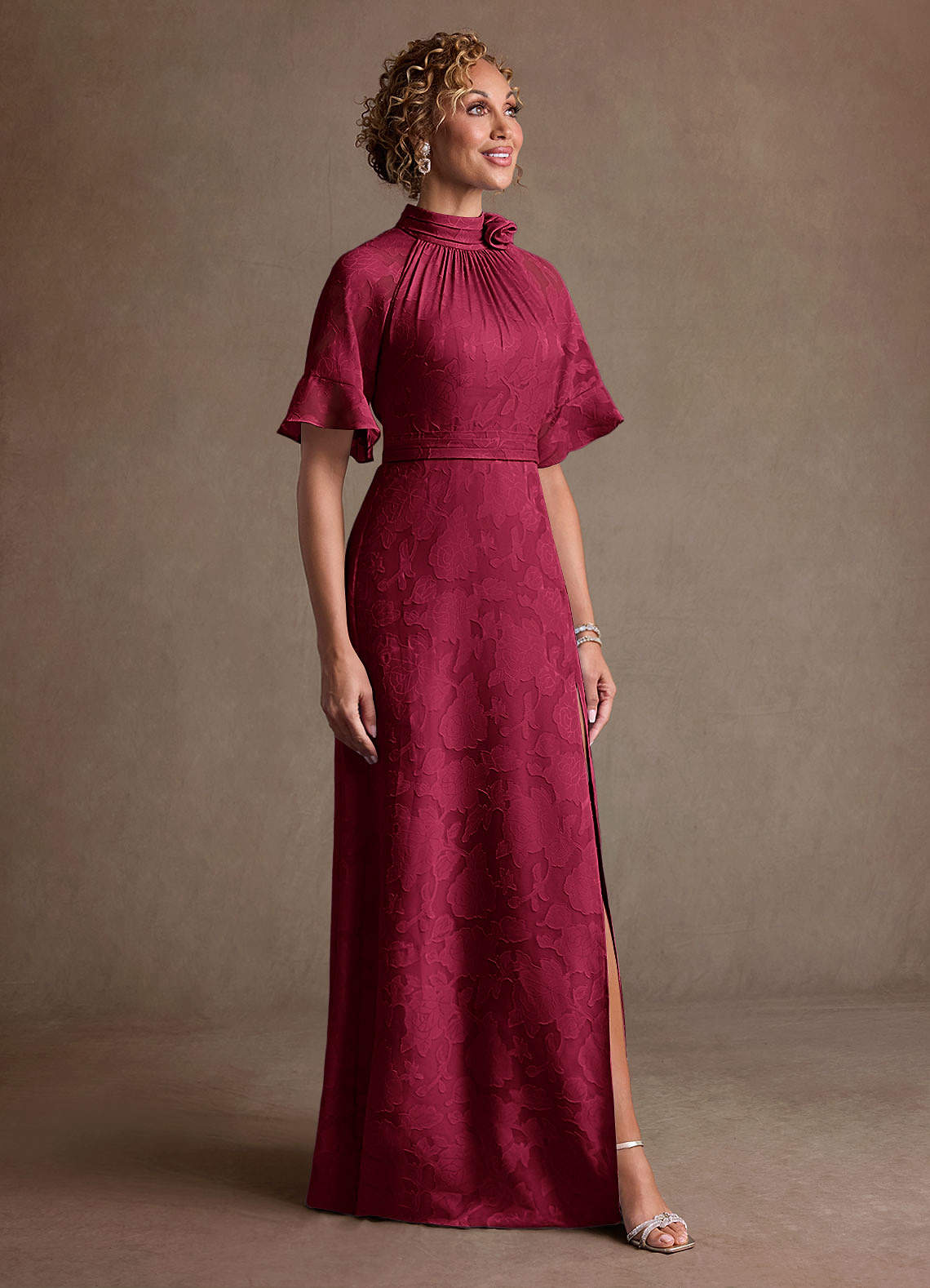Hypatia Sheath High-Neck Floral Burnout Mother of the Bride Dress in Burgundy