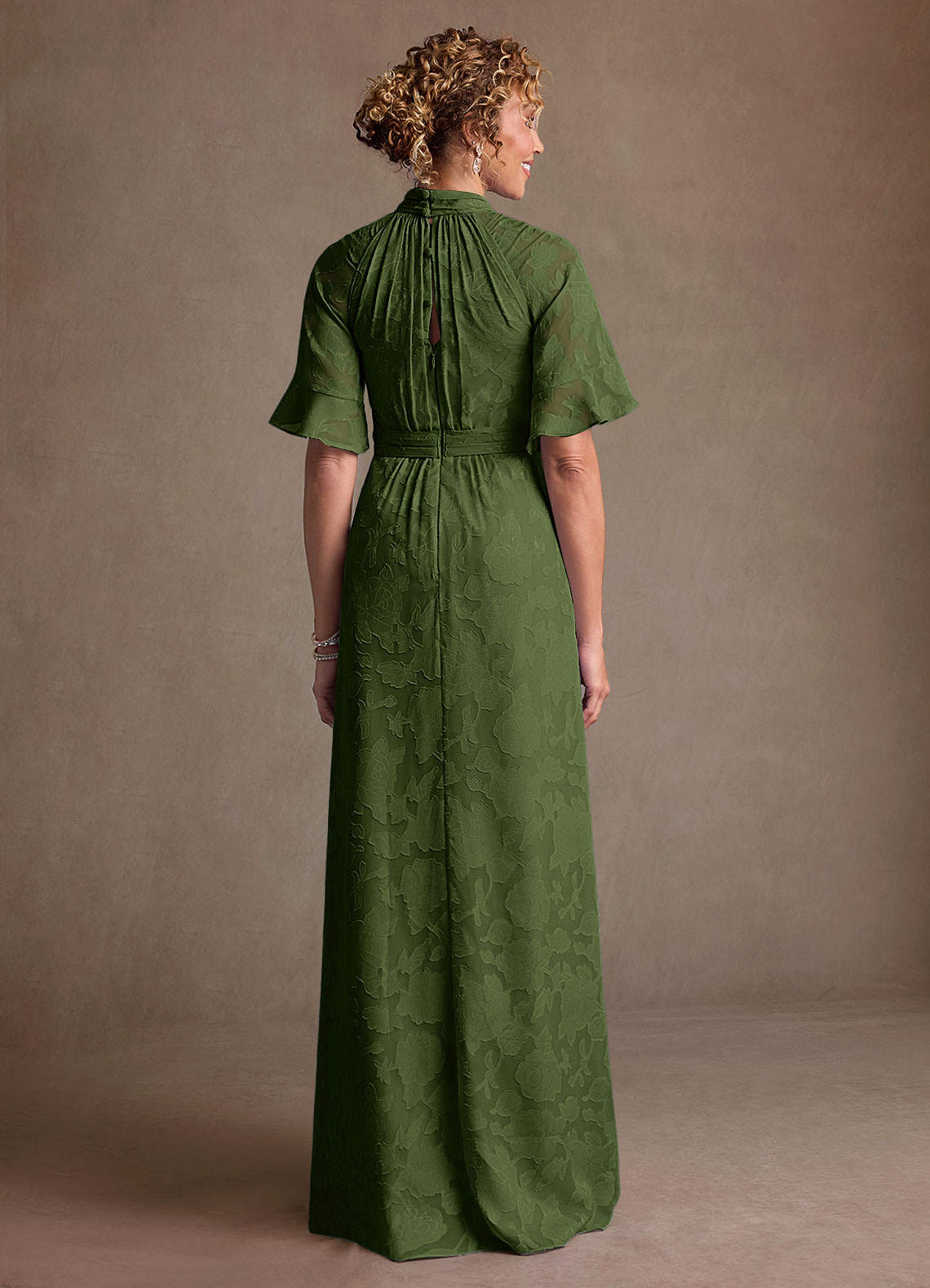 Hypatia Sheath High-Neck Floral Burnout Mother of the Bride Dress in Olive