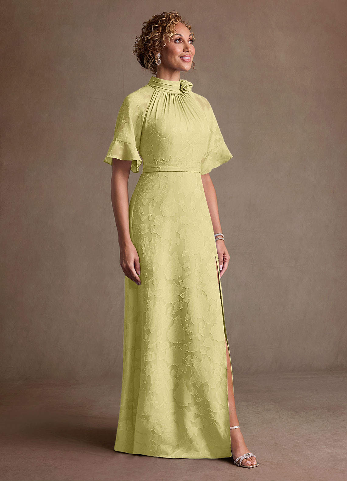 Hypatia Sheath High-Neck Floral Burnout Mother of the Bride Dress in Lemon Sorbet