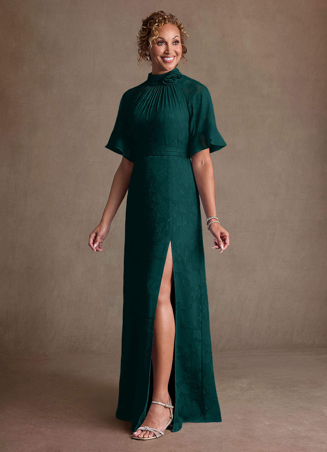 Hypatia Sheath High-Neck Floral Burnout Mother of the Bride Dress in Pine