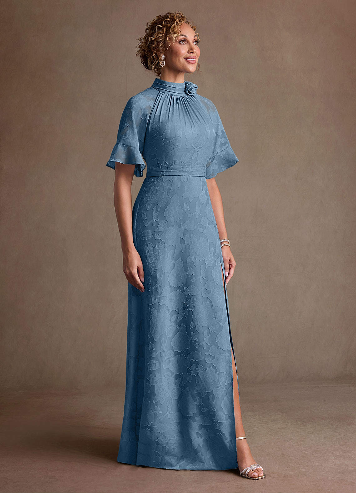 Hypatia Sheath High-Neck Floral Burnout Mother of the Bride Dress in Steel Blue