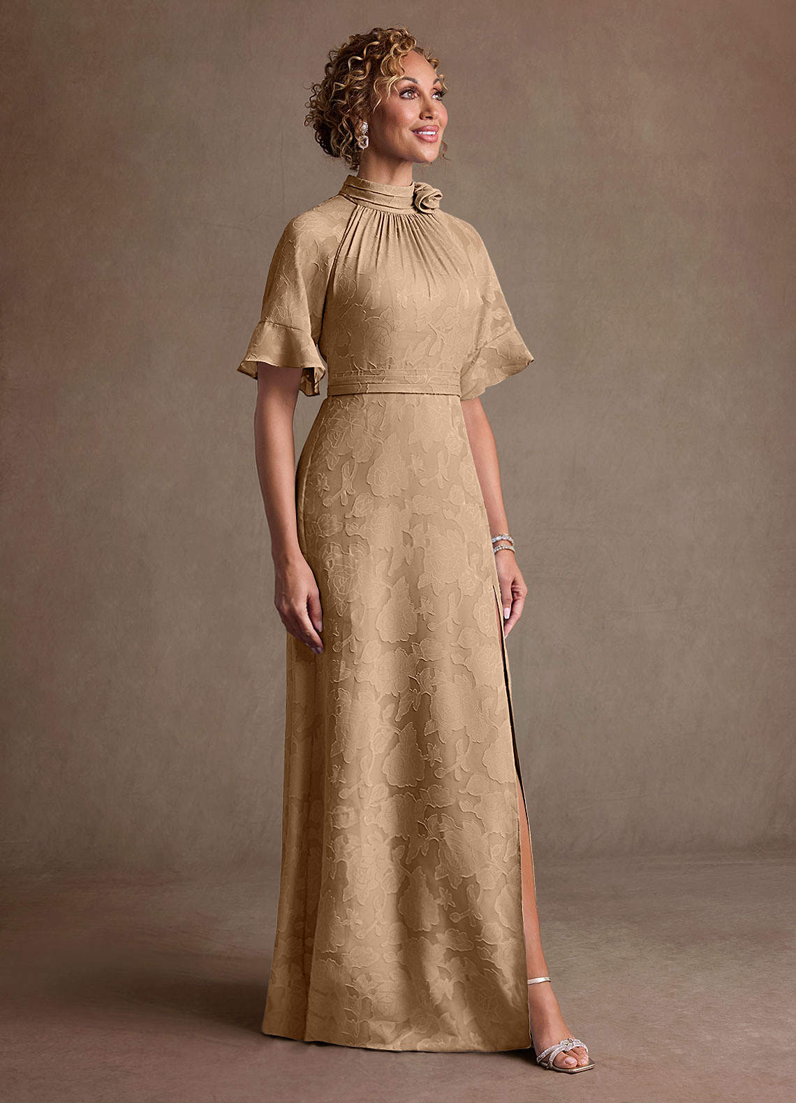 Hypatia Sheath High-Neck Floral Burnout Mother of the Bride Dress in champagne