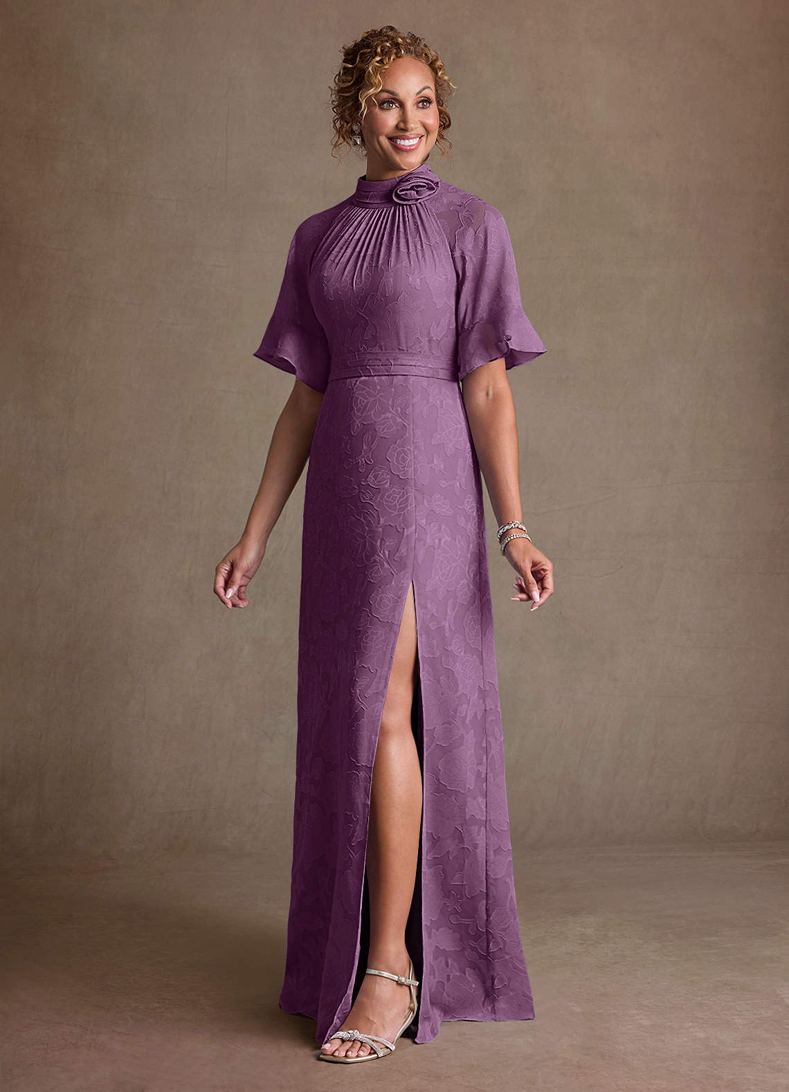 Hypatia Sheath High-Neck Floral Burnout Mother of the Bride Dress in Wisteria