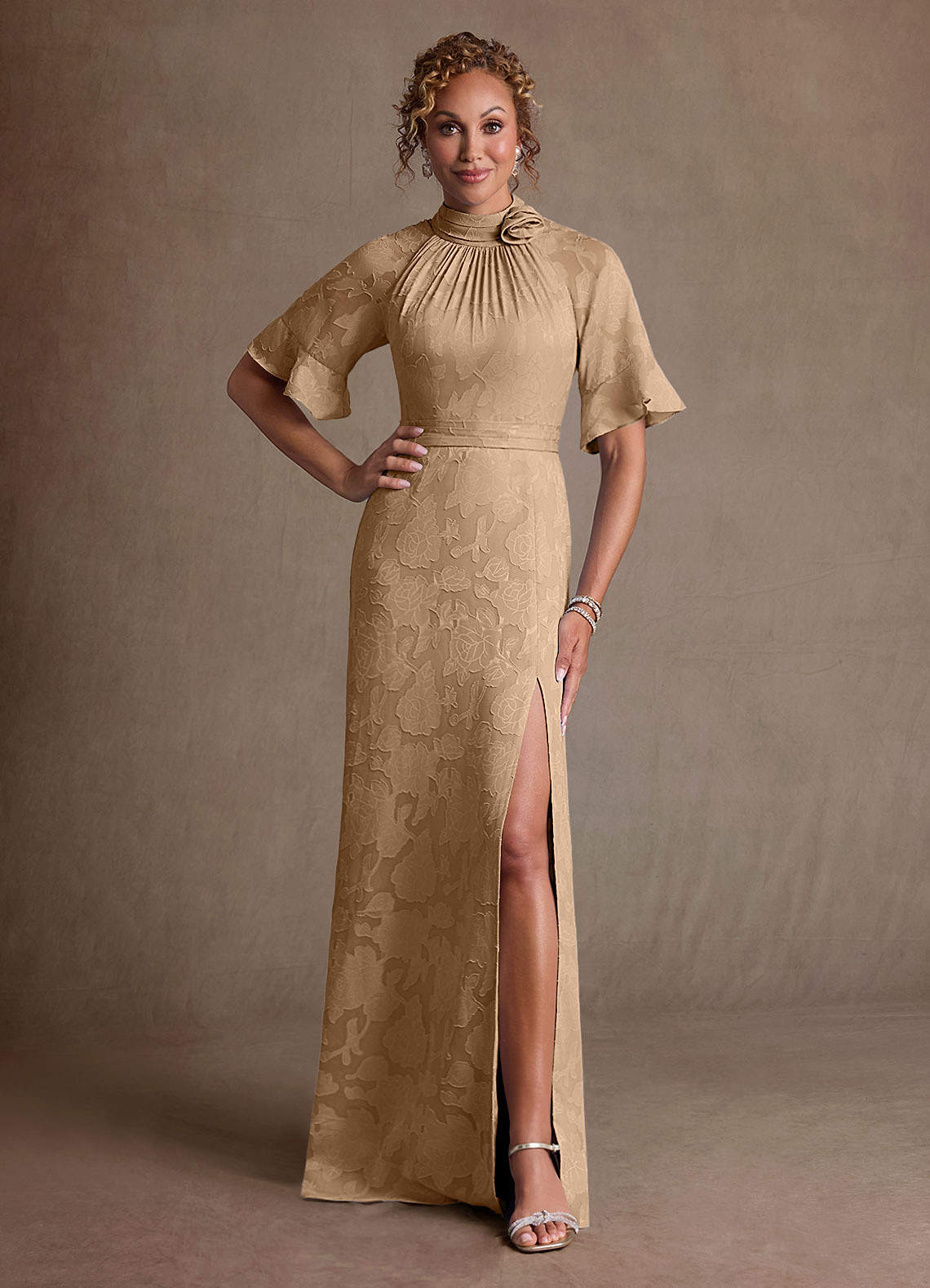 Hypatia Sheath High-Neck Floral Burnout Mother of the Bride Dress in champagne