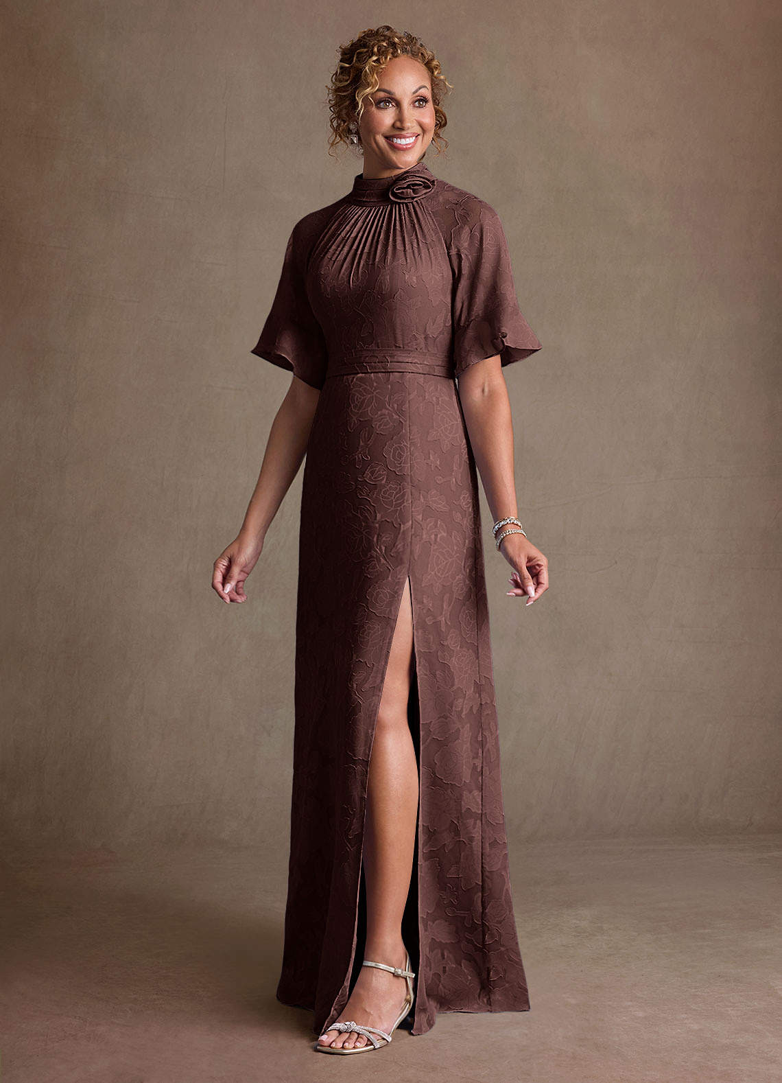 Hypatia Sheath High-Neck Floral Burnout Mother of the Bride Dress in Espresso