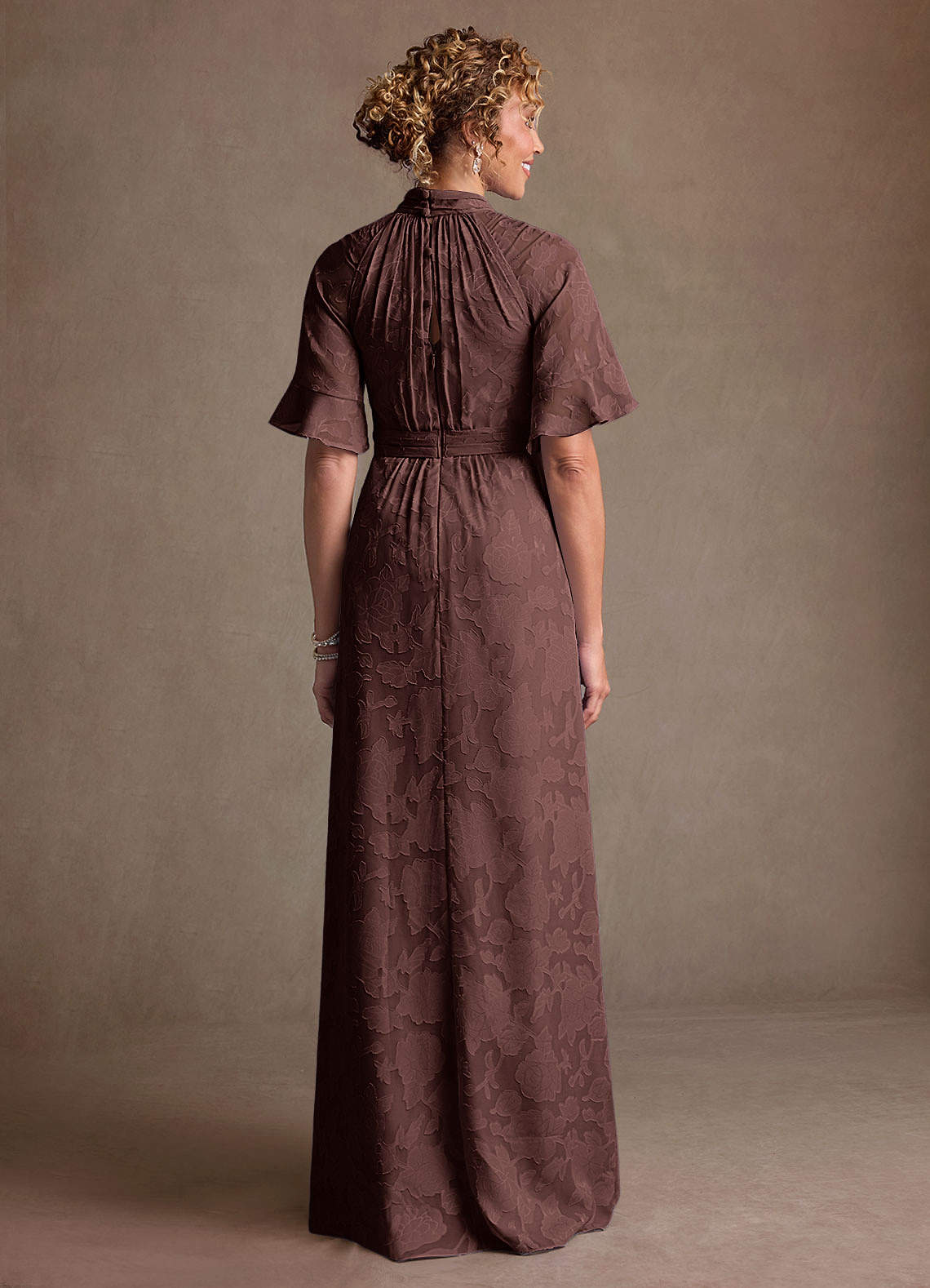Hypatia Sheath High-Neck Floral Burnout Mother of the Bride Dress in Espresso