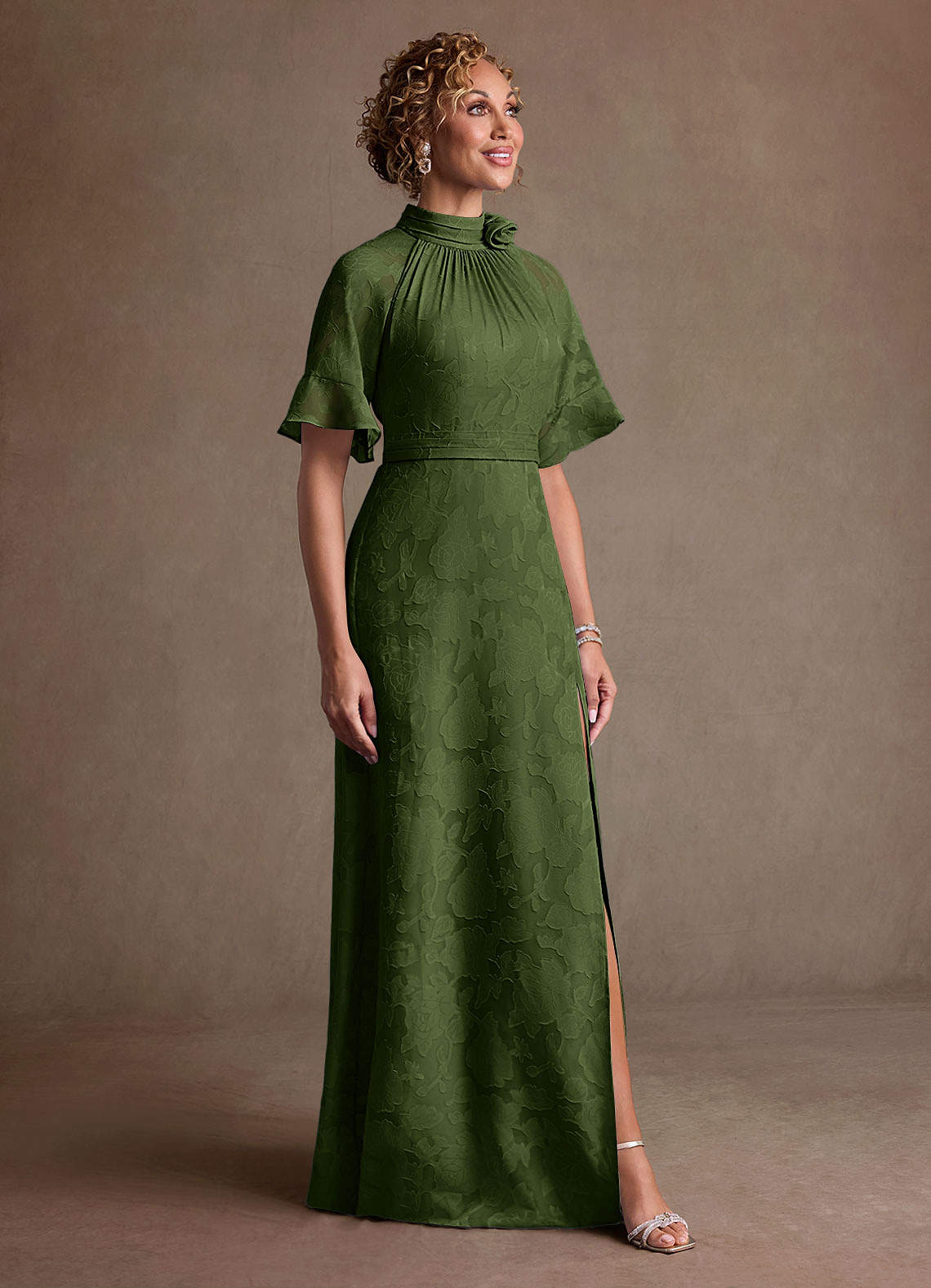 Hypatia Sheath High-Neck Floral Burnout Mother of the Bride Dress in Olive