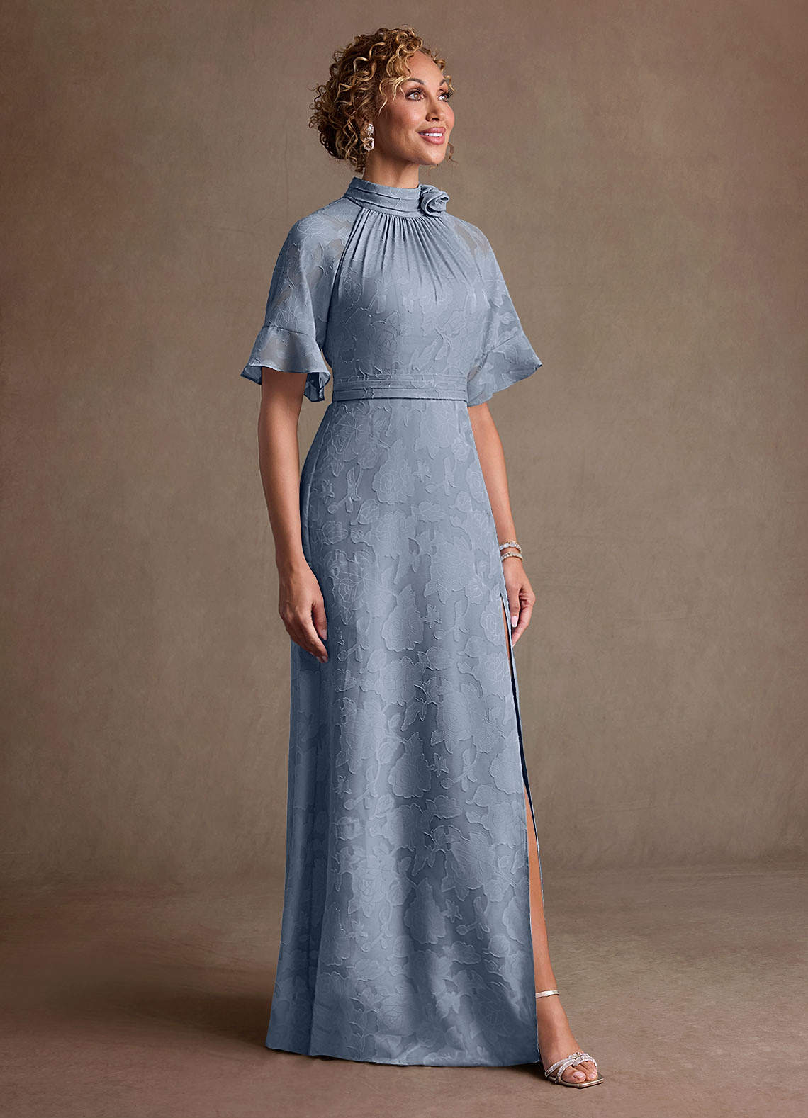 Hypatia Sheath High-Neck Floral Burnout Mother of the Bride Dress in dusty blue