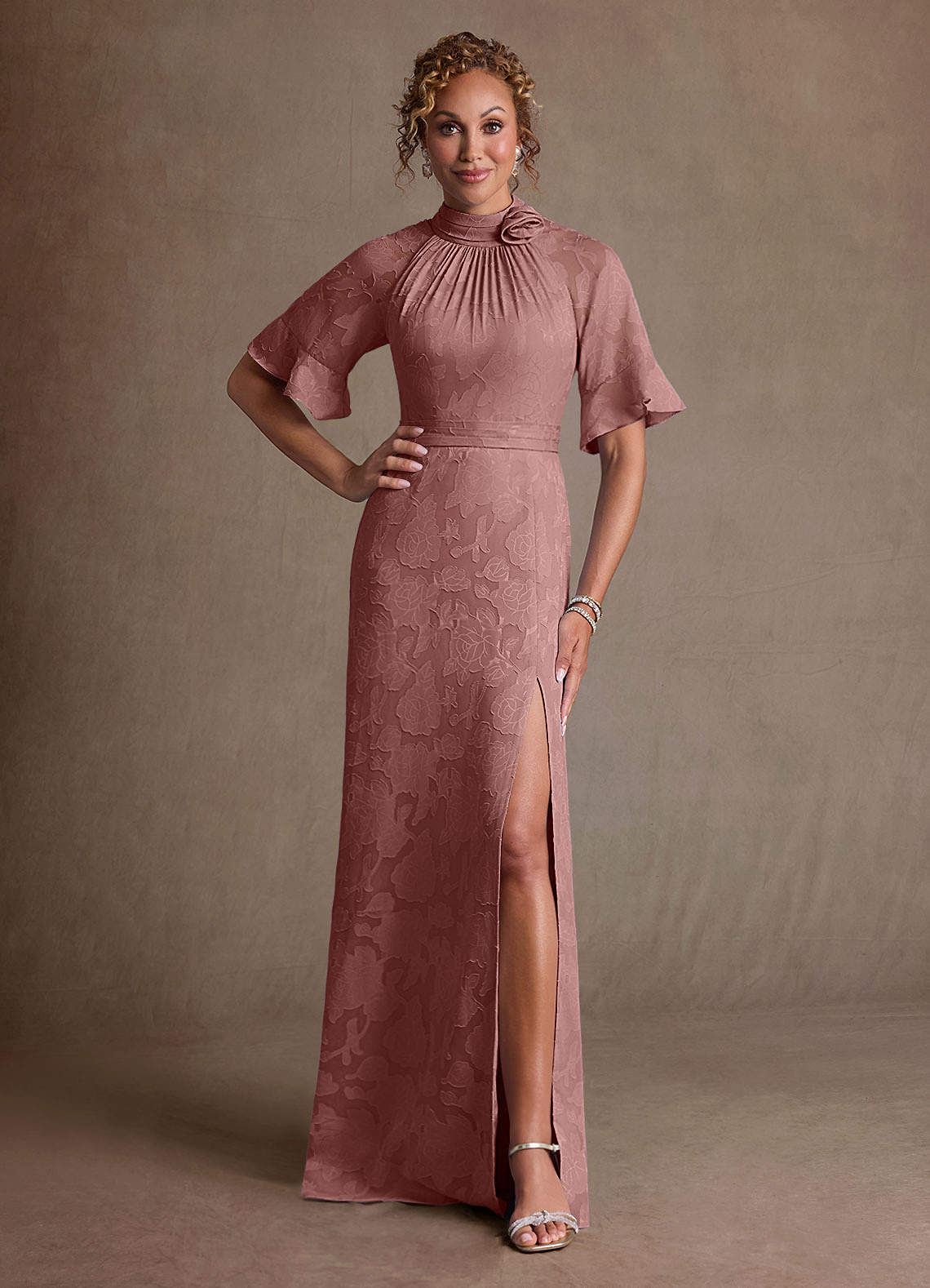Hypatia Sheath High-Neck Floral Burnout Mother of the Bride Dress in Dusty Rose