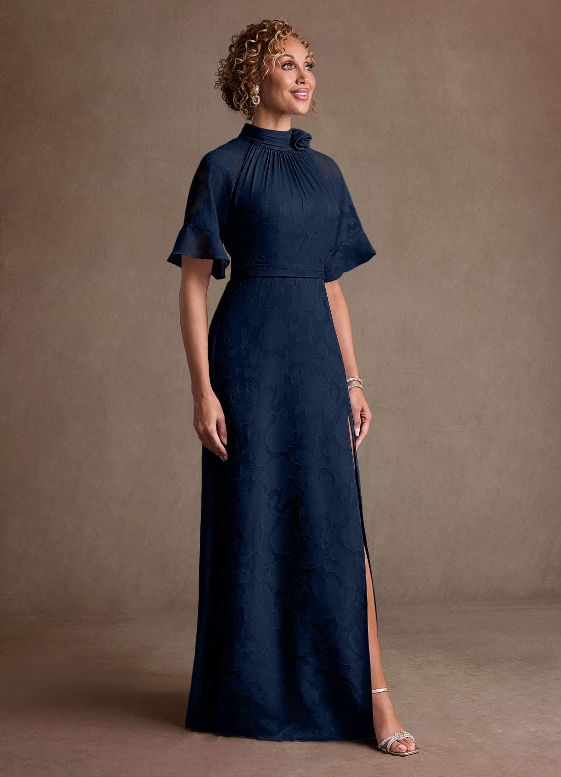 Hypatia Sheath High-Neck Floral Burnout Mother of the Bride Dress in Dark Navy