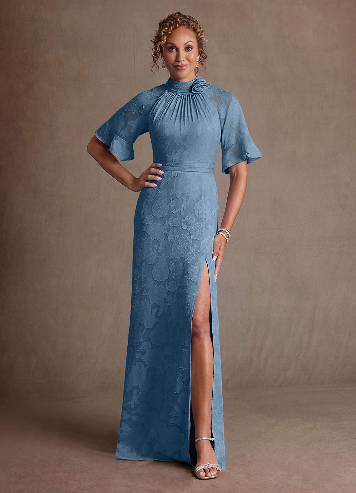 Hypatia Sheath High-Neck Floral Burnout Mother of the Bride Dress in Steel Blue