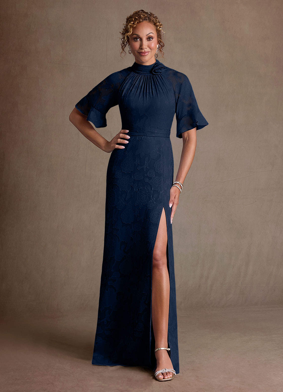 Hypatia Sheath High-Neck Floral Burnout Mother of the Bride Dress in Dark Navy