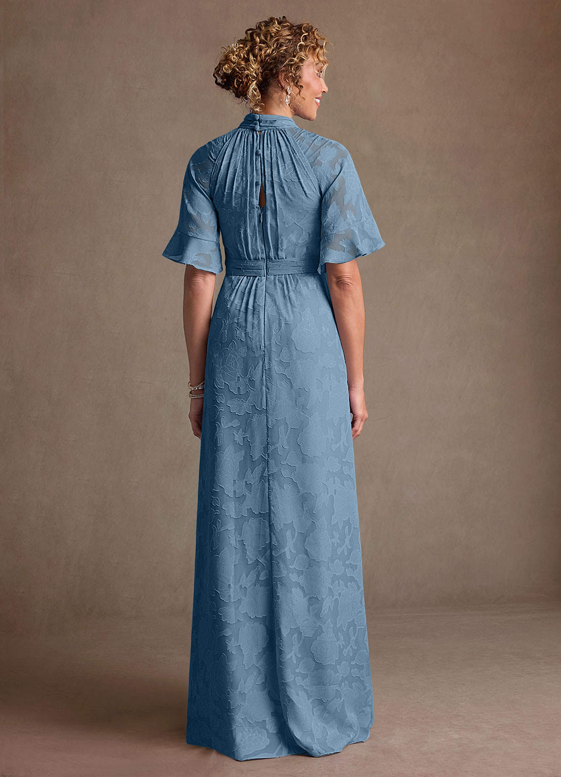 Hypatia Sheath High-Neck Floral Burnout Mother of the Bride Dress in Steel Blue